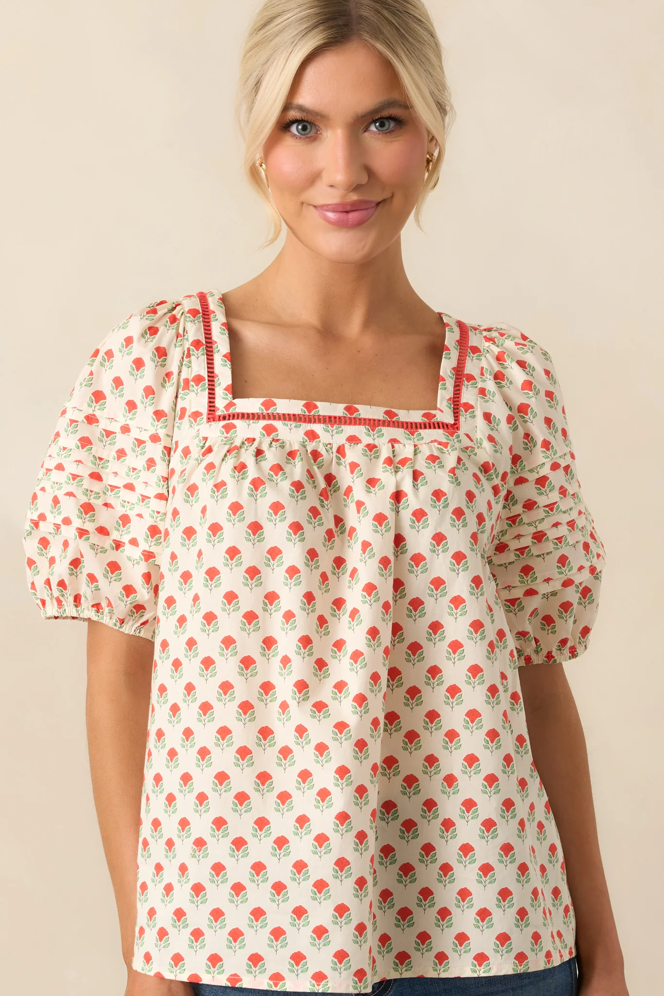Right Where You Are Red Floral Cotton Puff Sleeve Top