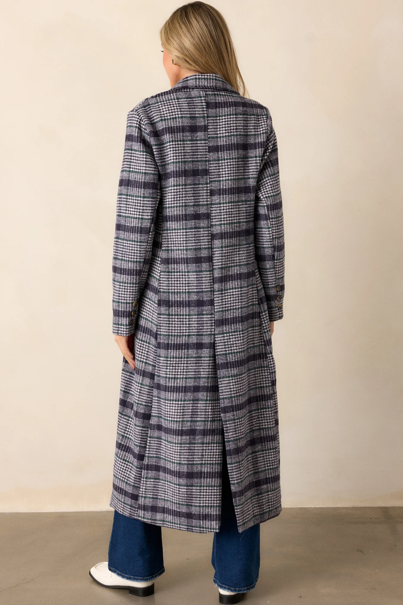 Fireside Chats Navy Plaid Trench Coat