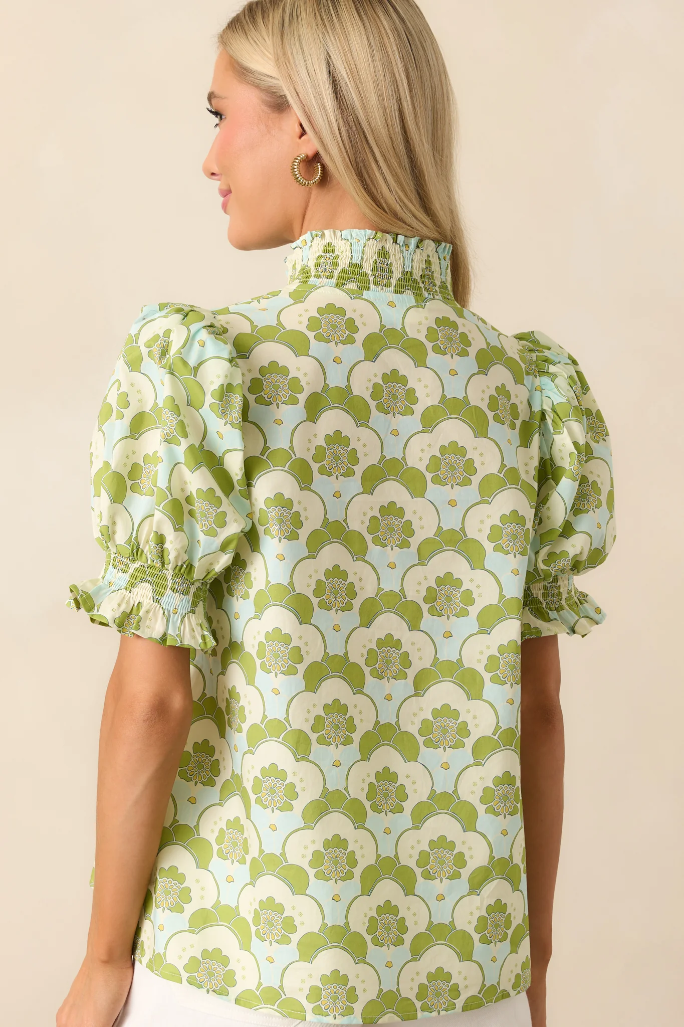 On The Up & Up Chartreuse Abstract Floral Cotton Puff Sleeve Top