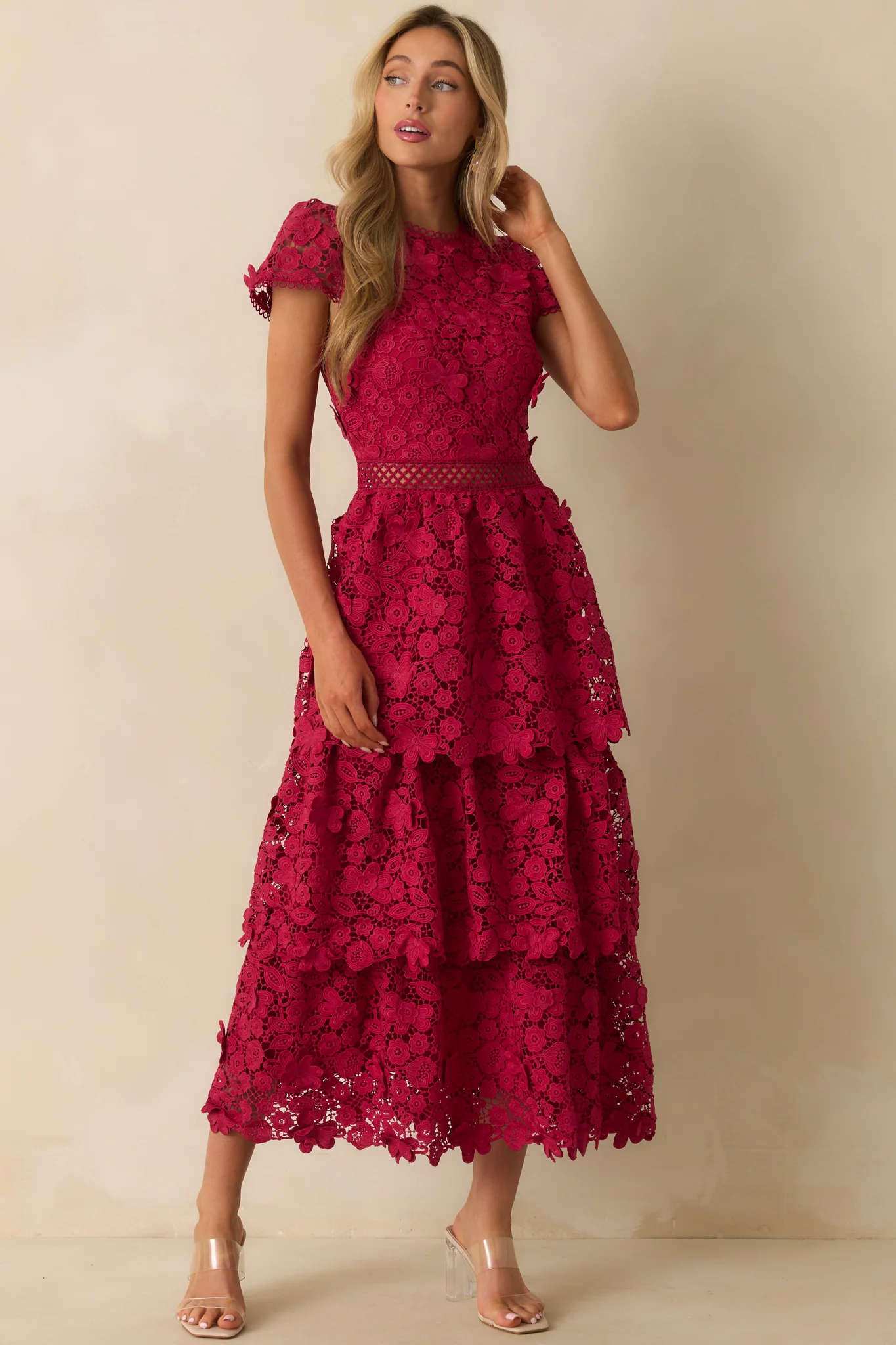 A Matter Of Time Red Floral Guipure Lace Tiered Maxi Dress