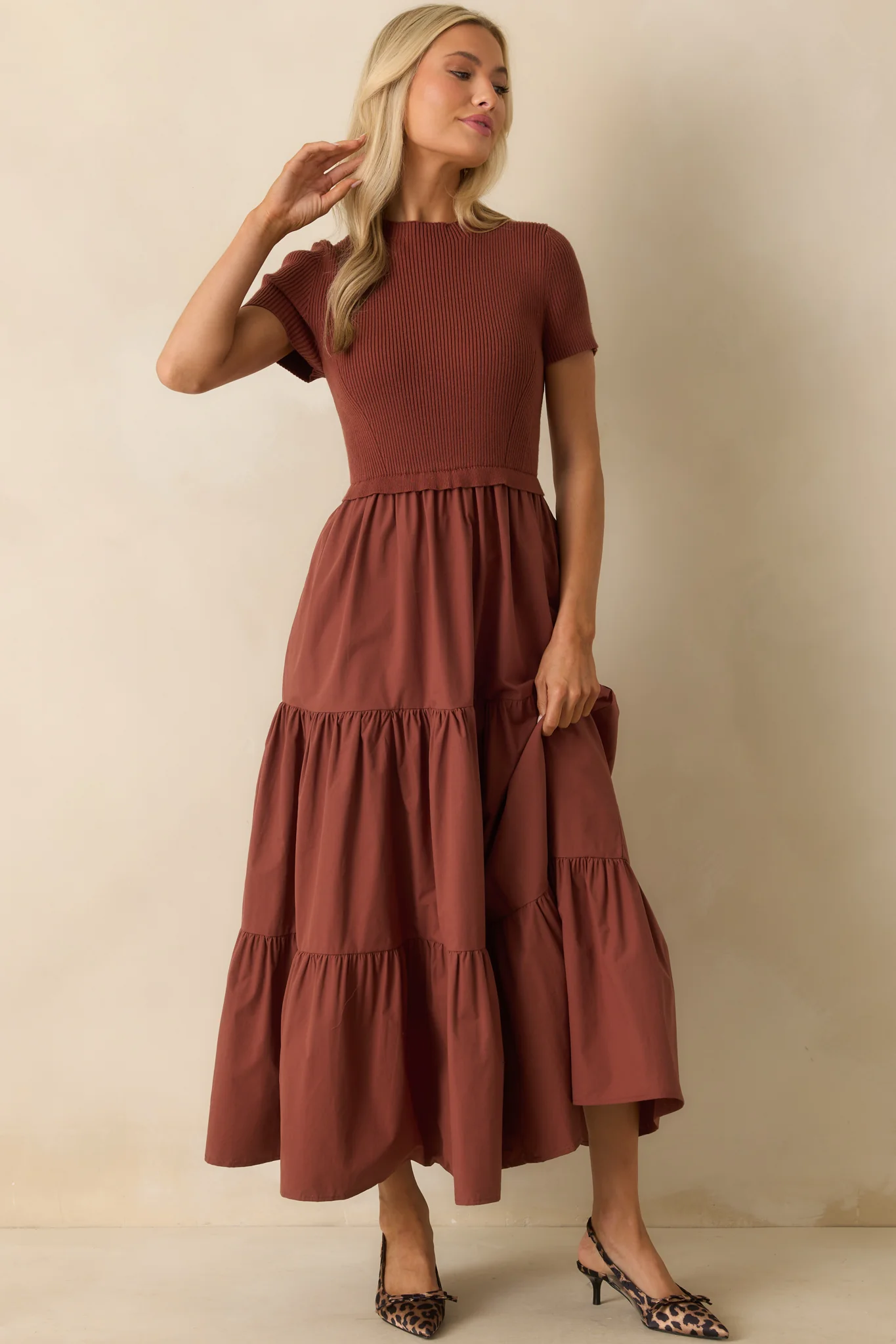 No Other Way Rust Ribbed Knit Bodice Short Sleeve Maxi Dress