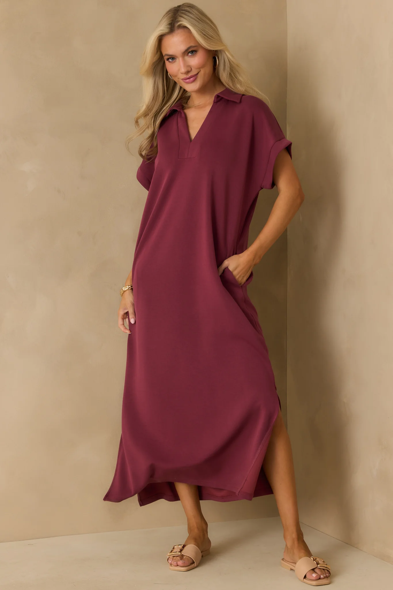 Made The Right Call Burgundy Collared Midi T-Shirt Dress