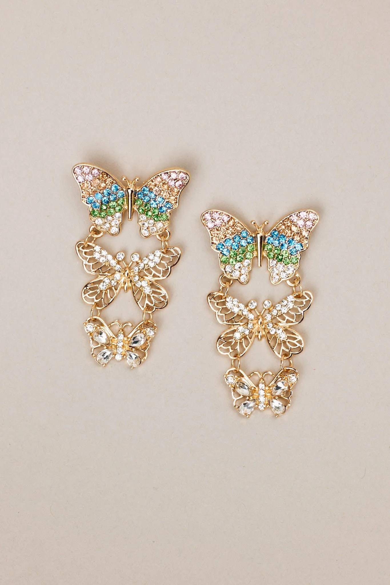 Garden Serenade Gold Multi Butterfly Drop Earrings
