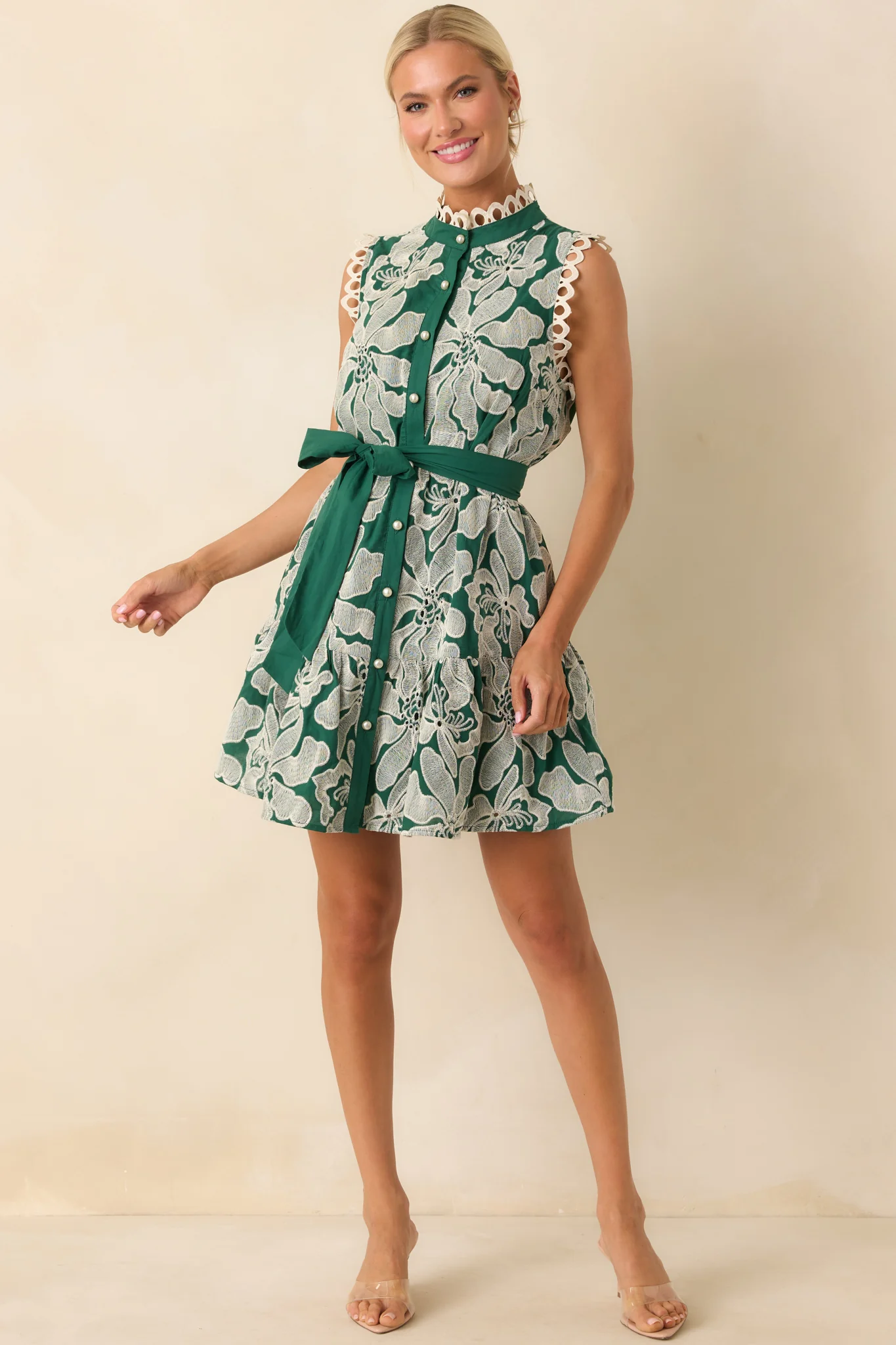 Stand Out Emerald Green Floral Embroidered Cotton Mini Dress