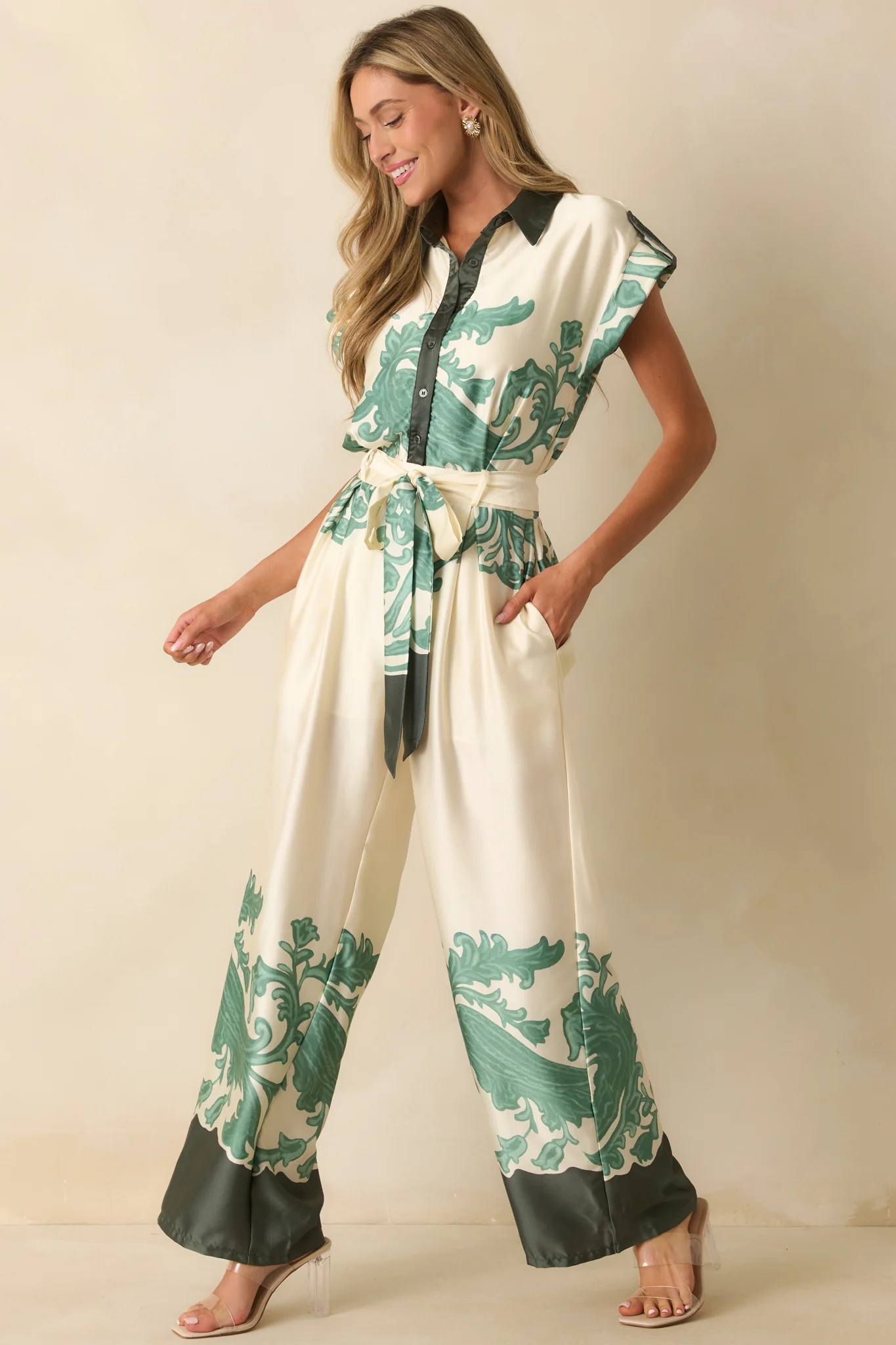 Green Multi Print Button-Up Wide-Leg Jumpsuit