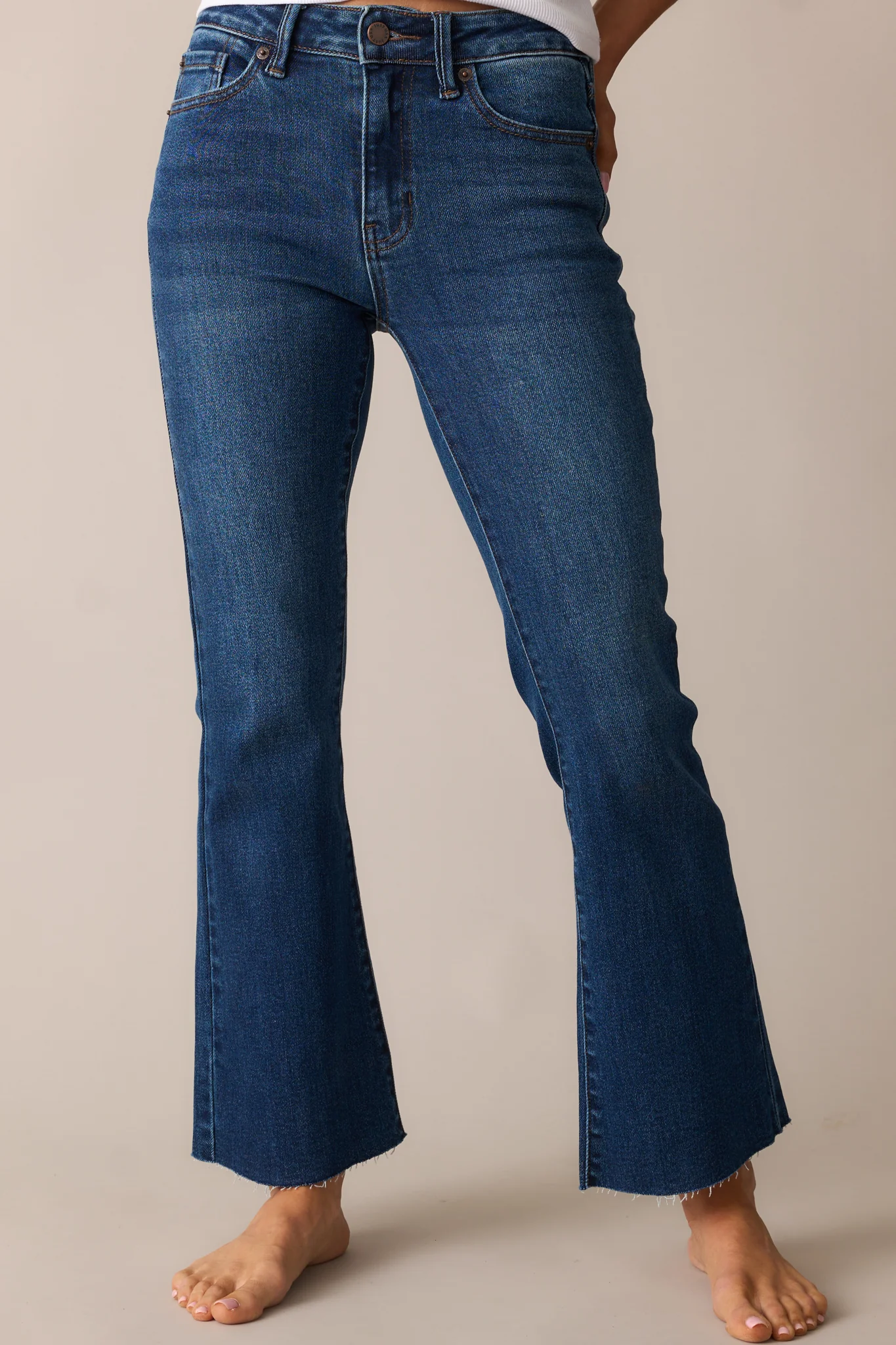 Back And Forth Dark Wash Mid Rise Cropped Flare Jeans