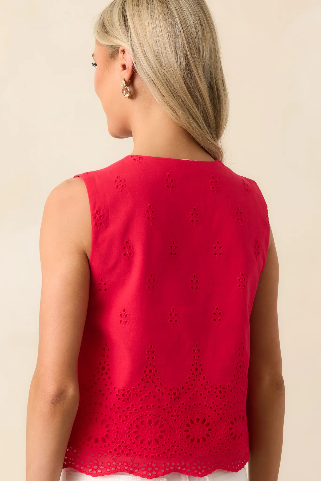 Say No More Red Cotton Eyelet Embroidered Button Front Top