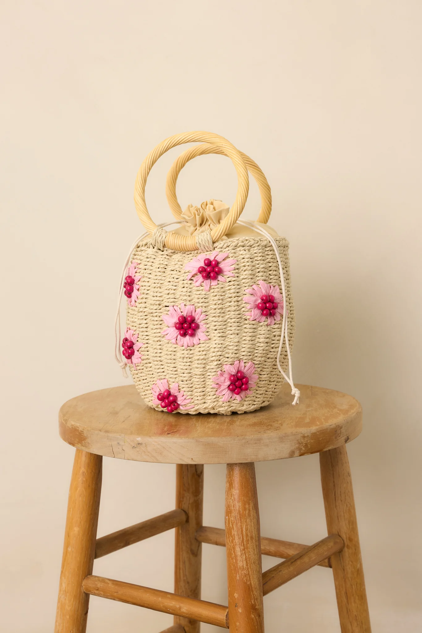 Weekend Picnic Natural Straw Bucket Floral Handbag