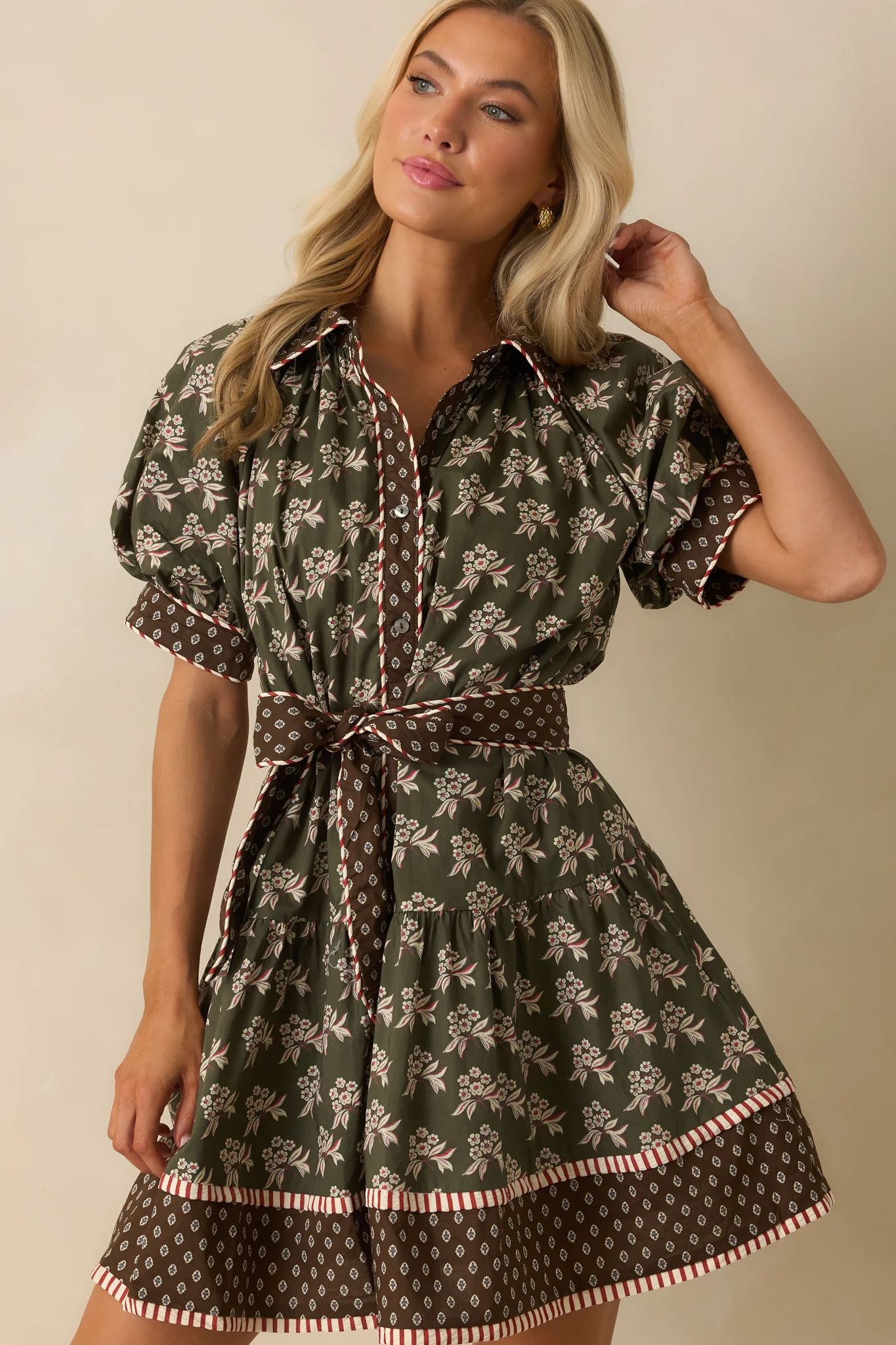 Nothing Forgotten Olive Green Multi Floral Print Cotton Mini Dress