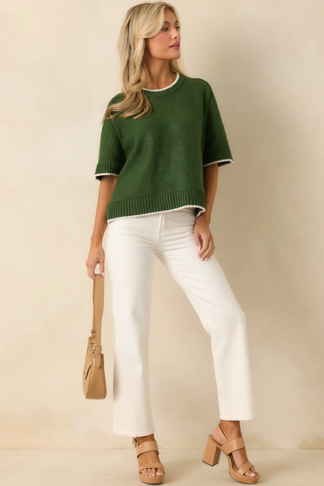 Never Looked Back Green Contrast Trim Short Sleeve Sweater