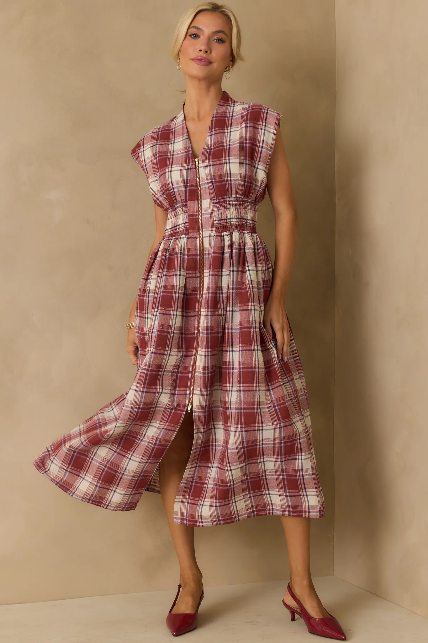 The Evette Red Tartan Plaid Cotton Zip Front Midi Dress