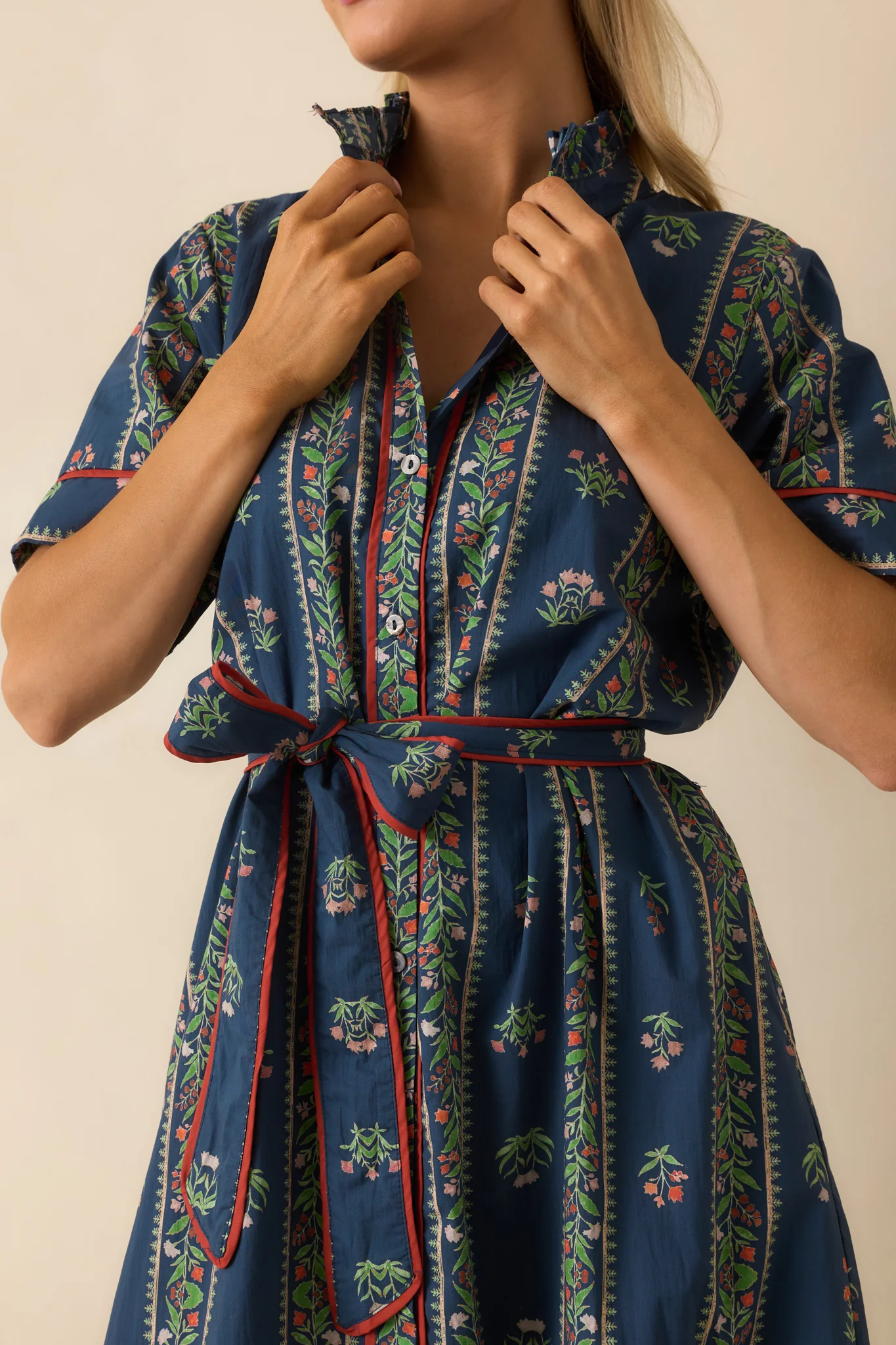 Petals In The Wind Navy Multi Floral Print Cotton Maxi Shirt Dress