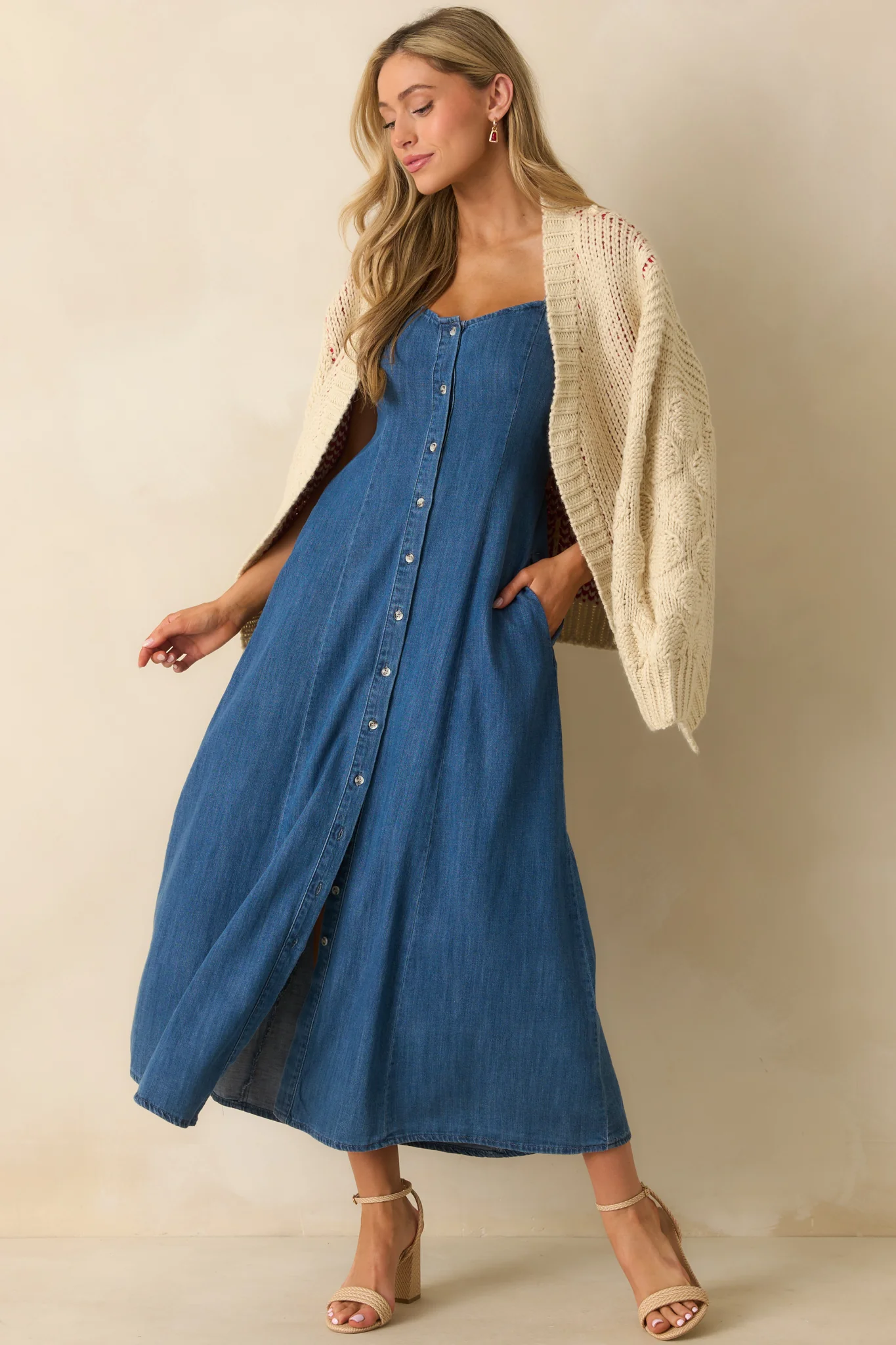 Z Supply Medium Wash Cotton Angel Eyes Denim Midi Dress