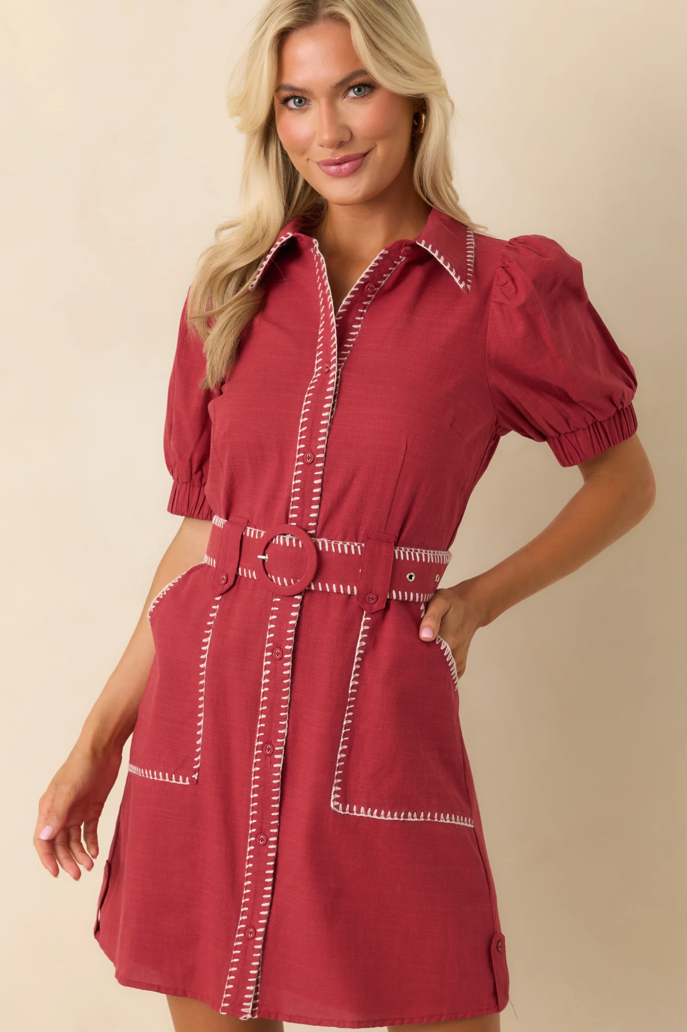 Heard It Before Burgundy Cotton Belted Mini Shirt Dress