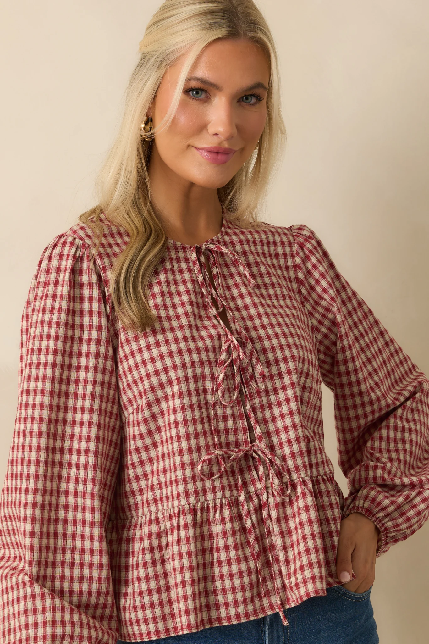 Her Own Thing Red Gingham Long Sleeve Bow Front Peplum Top