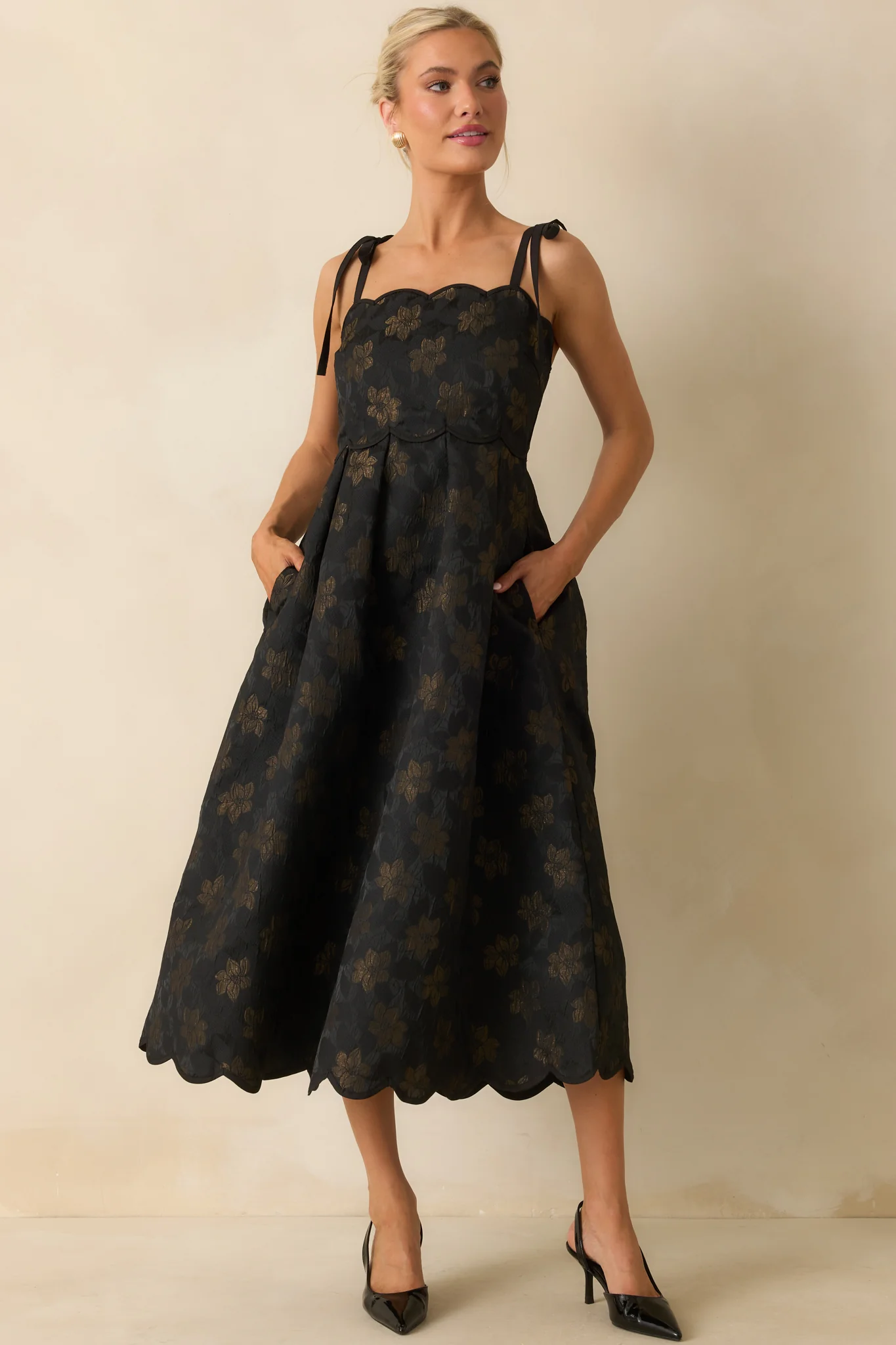 No Better Way Black Floral Jacquard Scallop Hem Midi Dress