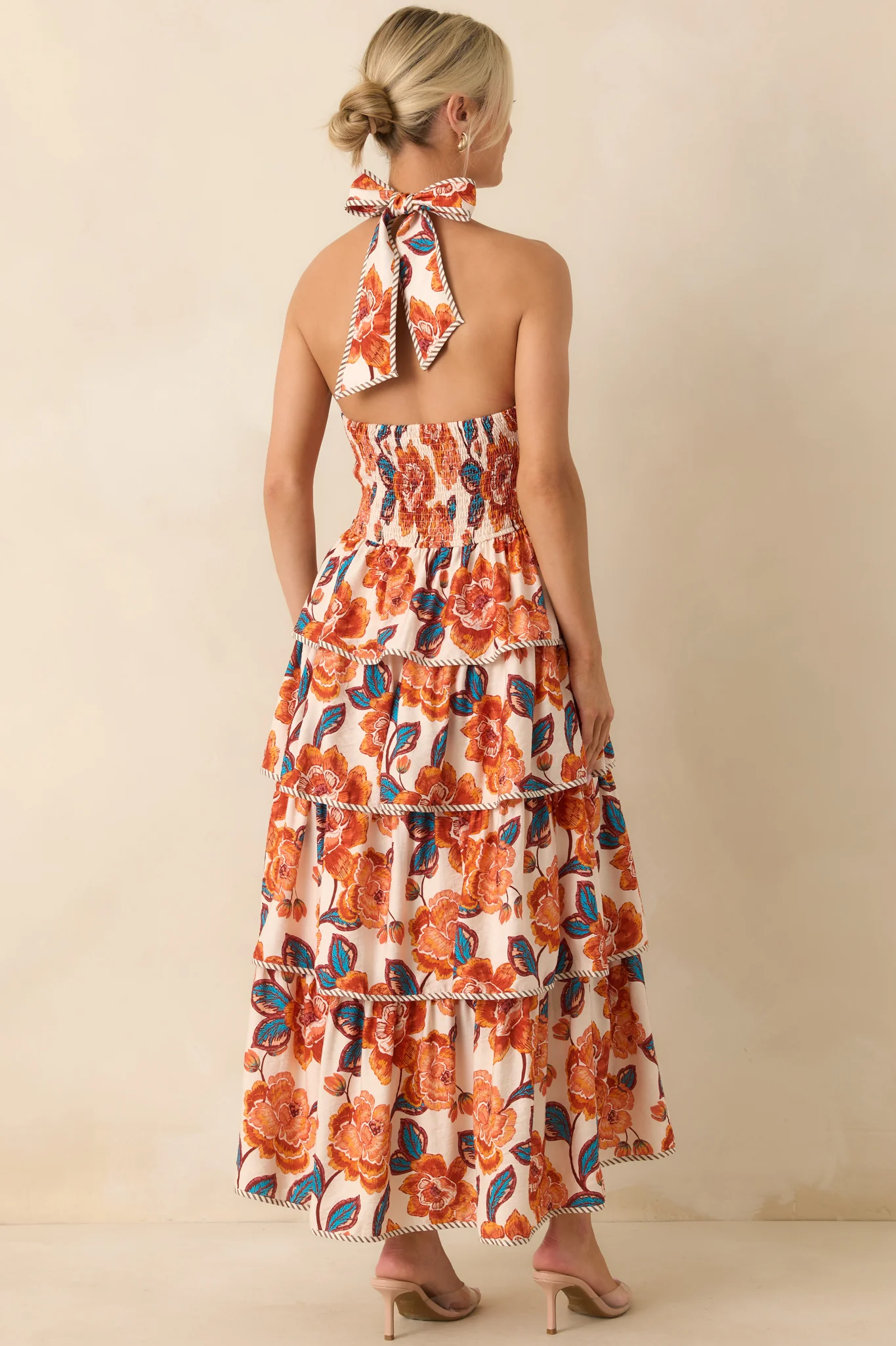 A Little Brighter Orange Floral Print Criss Cross Halter Maxi Dress
