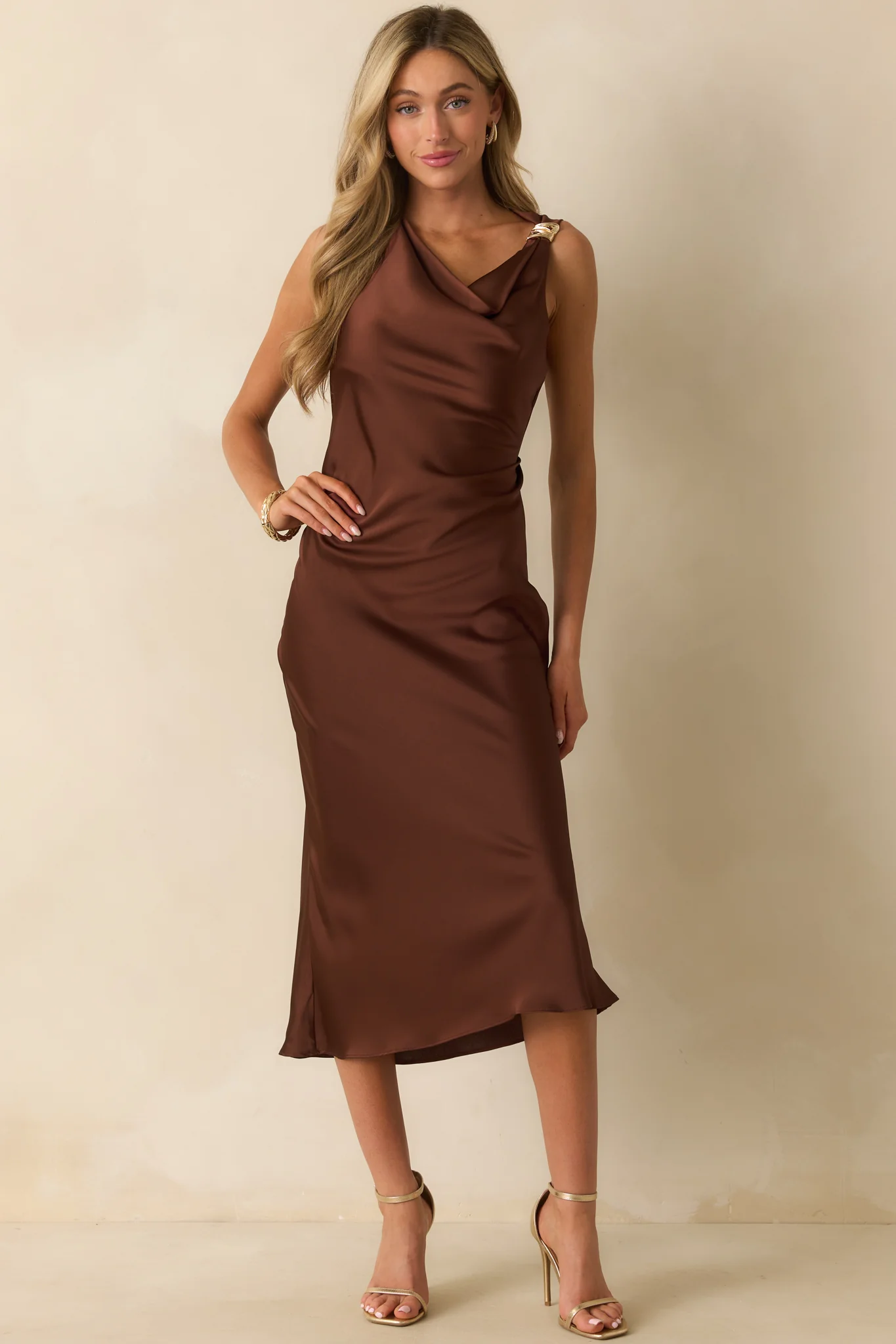 As I Expected Brown Satin Cowl Neck Sleeveless Midi Dress