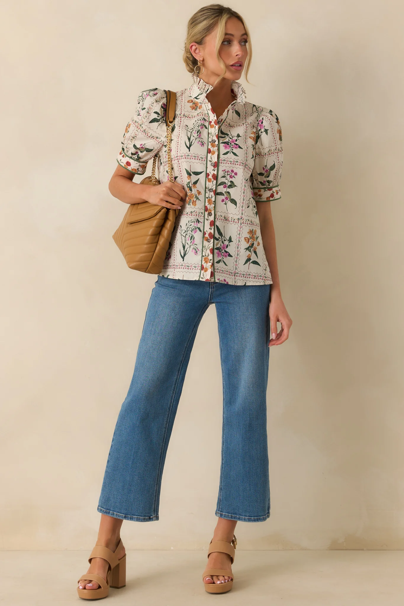 Full Of Light Ivory Multi Floral Print Cotton Button Up Top