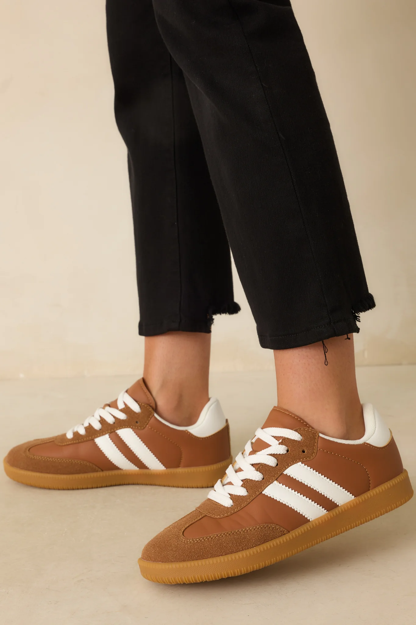 Bring The Good Vibes Caramel Brown Faux Leather Lace-Up Sneakers