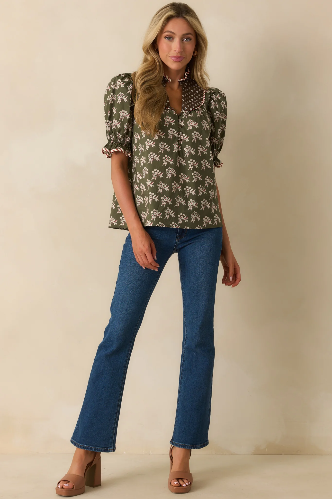 In No Time Olive Green Multi Floral Print Cotton Puff Sleeve Top