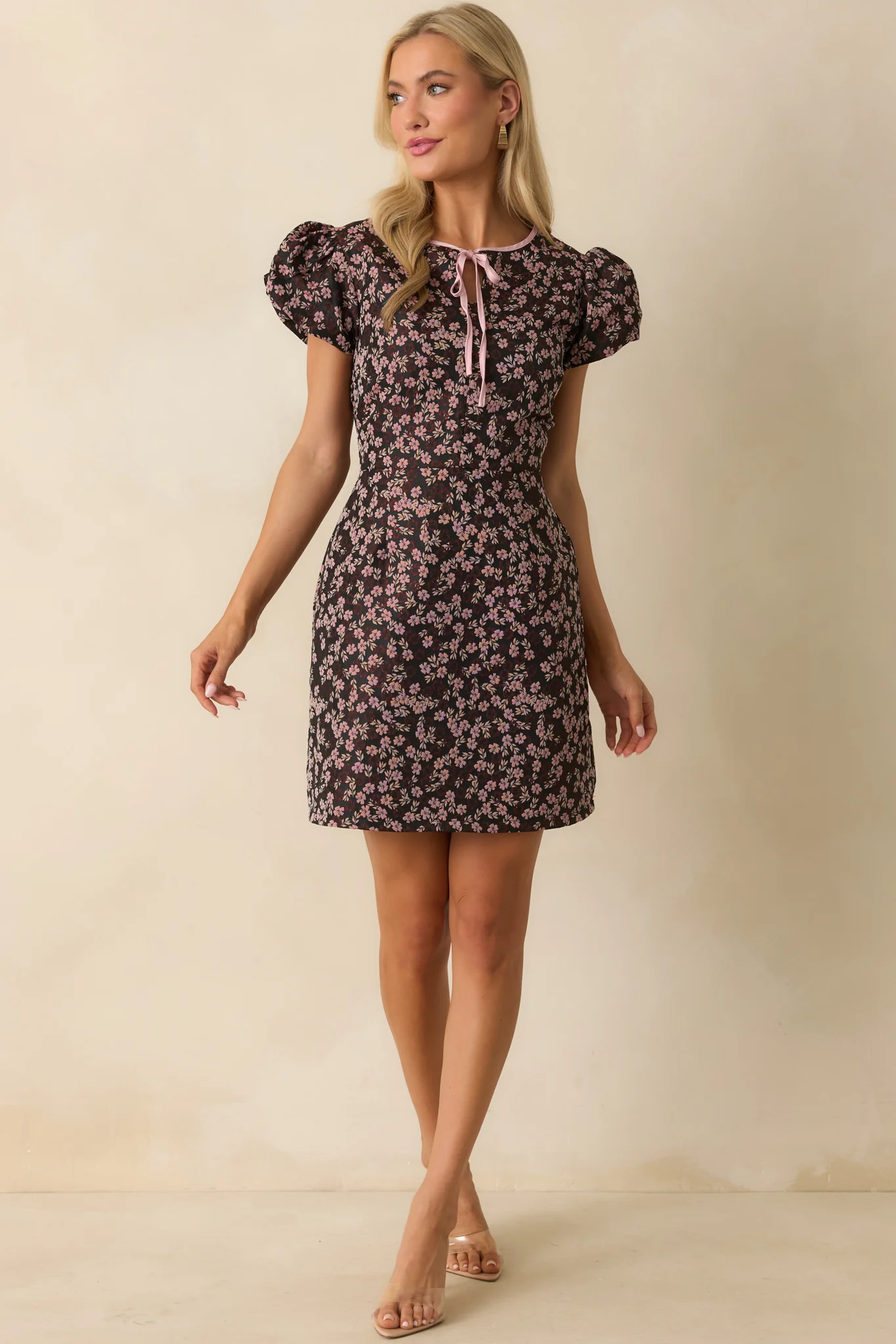 Speaks For Itself Pink Floral Jacquard Puff Sleeve Mini Dress