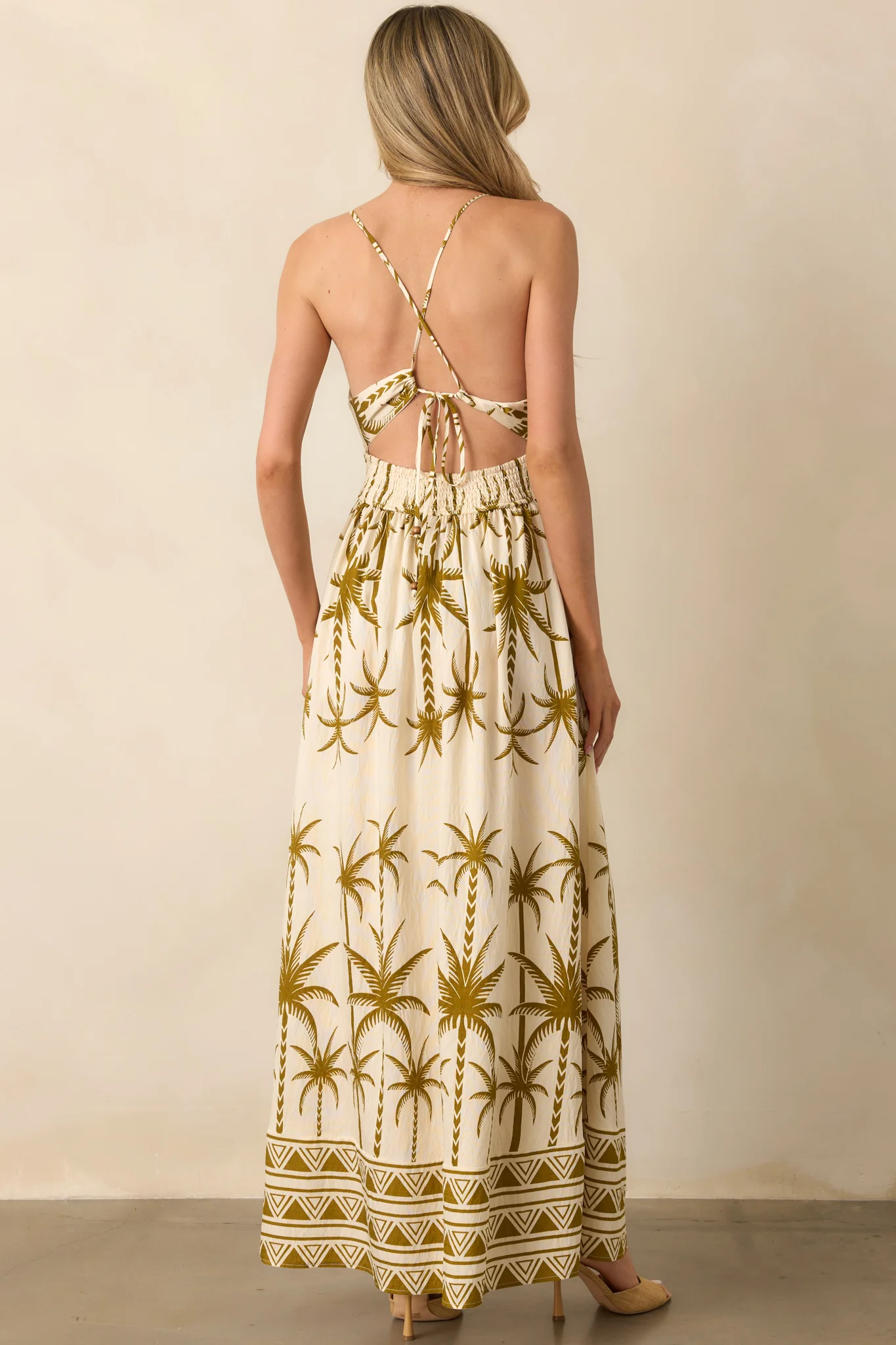 Found My Happy Place Tan Tropical Print Open Back Maxi Dress