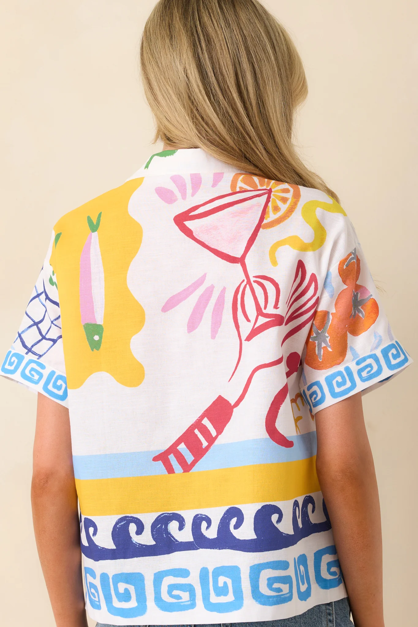 Prosperina Isla Multi Print Linen Blend Button Front Top