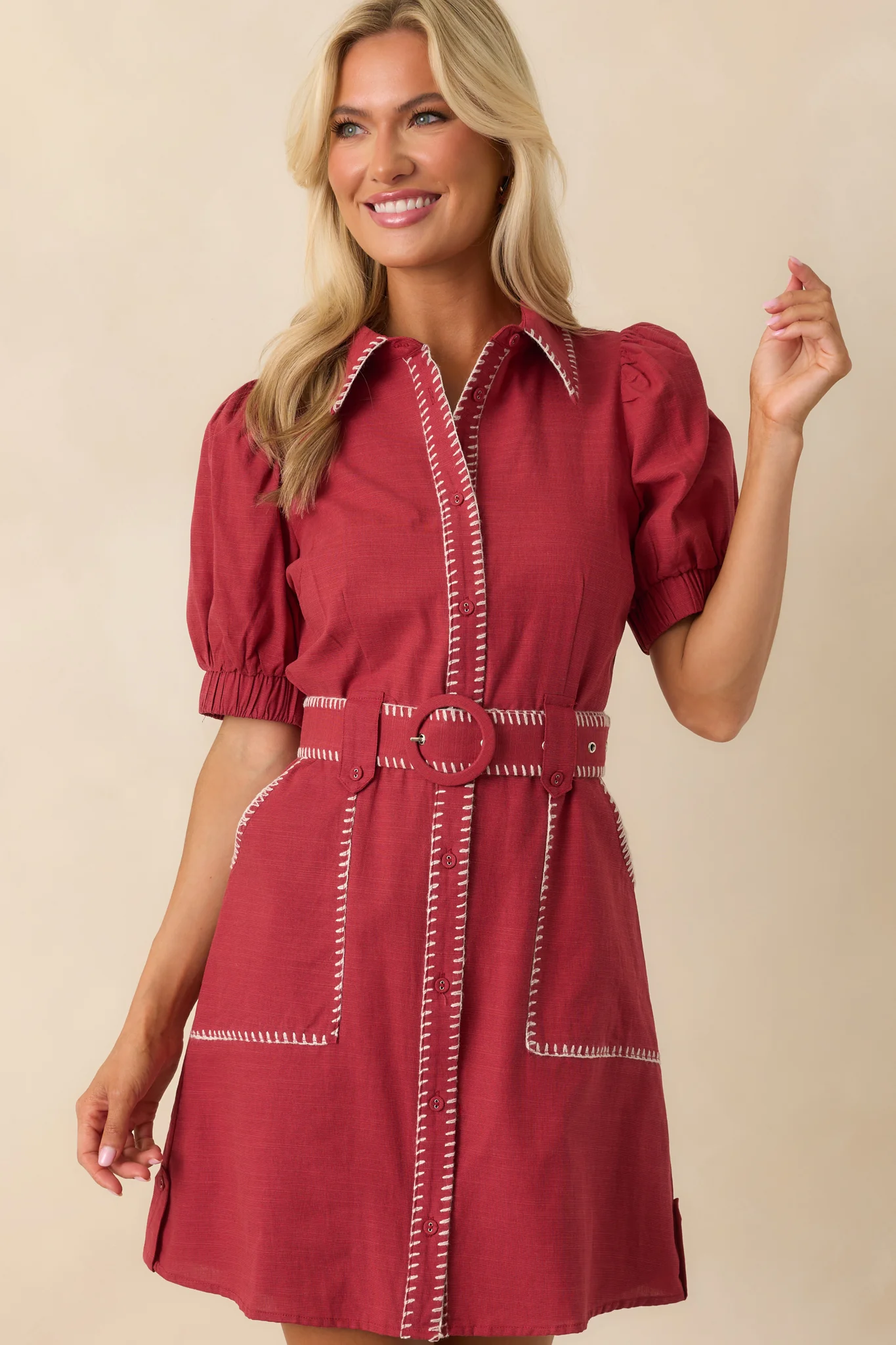 Heard It Before Burgundy Cotton Belted Mini Shirt Dress