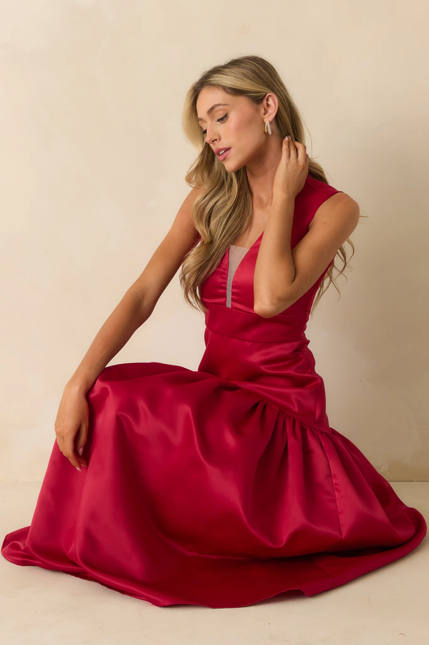 Never Out Of Reach Red Satin Sleeveless Drop Waist Maxi Dress