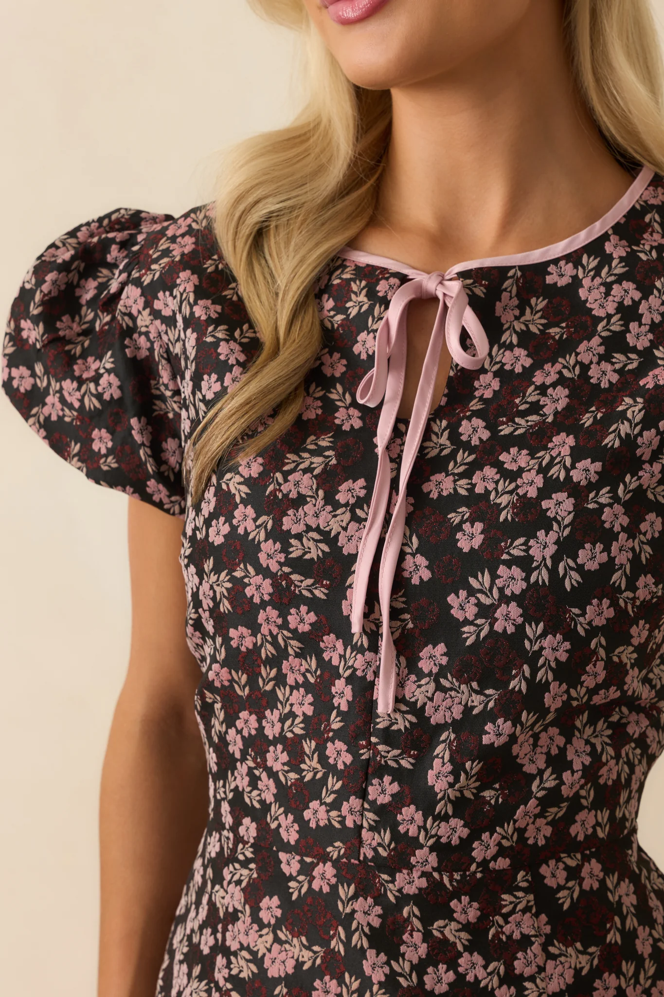 Speaks For Itself Pink Floral Jacquard Puff Sleeve Mini Dress