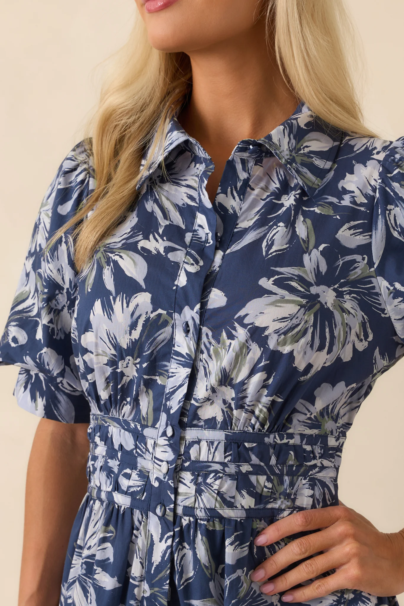 Slow Sundays Navy Floral Print Cotton Maxi Shirt Dress