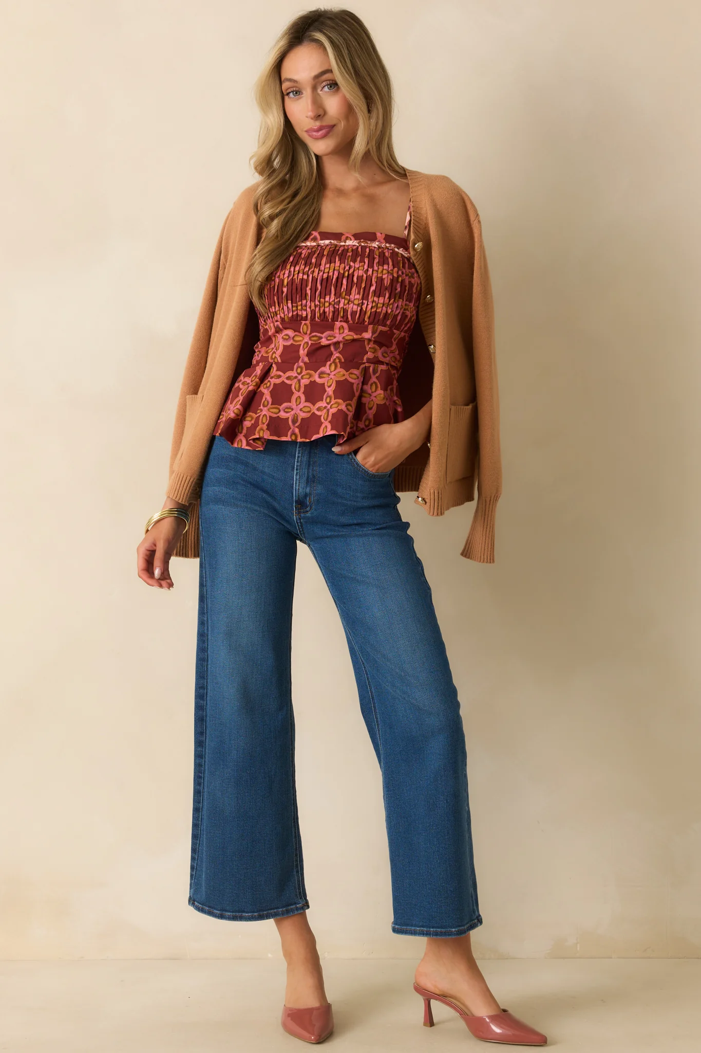 The Bottom Line Pink Multi Geometric Print Cotton Peplum Top