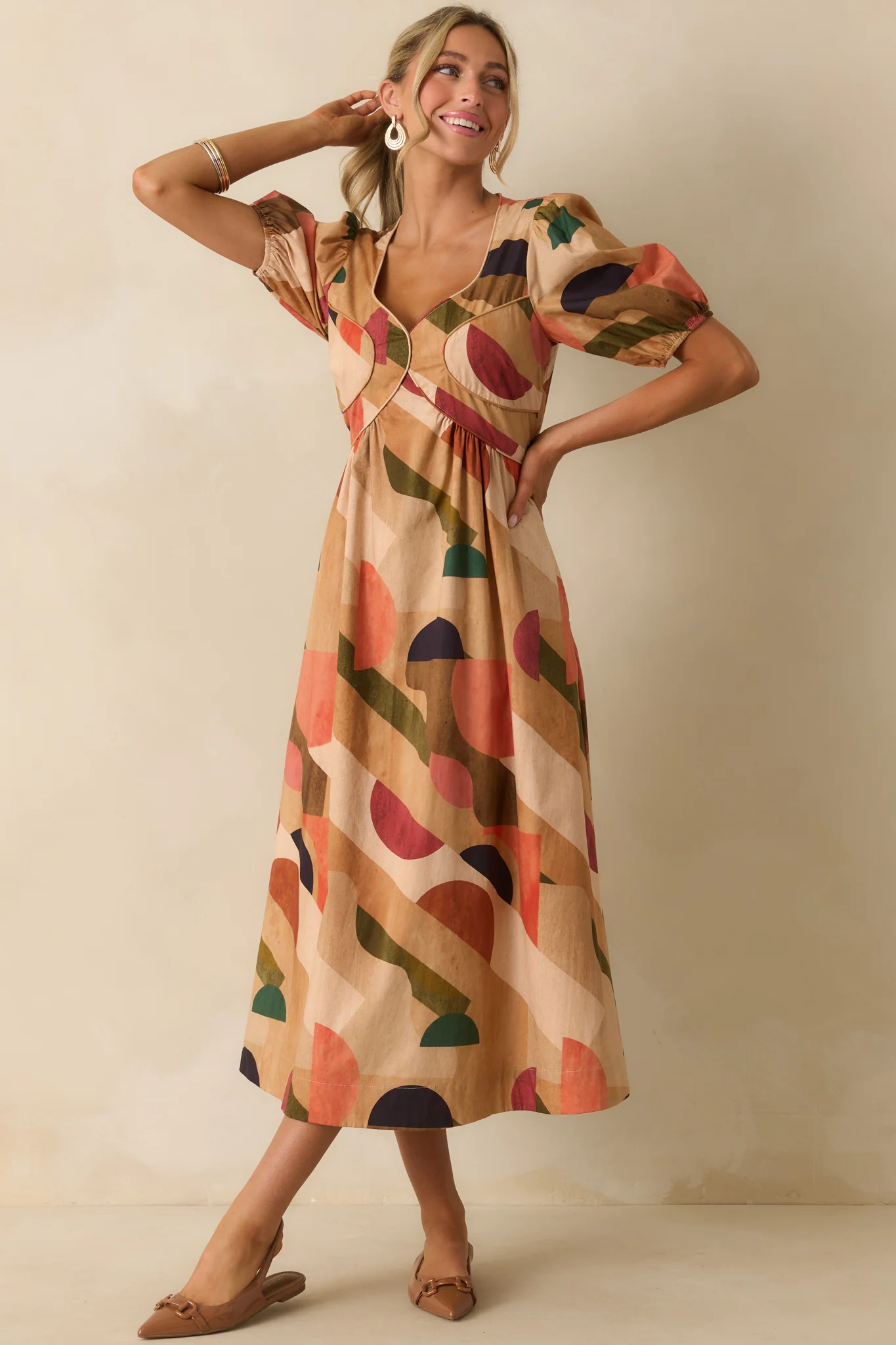 Through The Grapevine Tan Multi Abstract Print Midi Dress