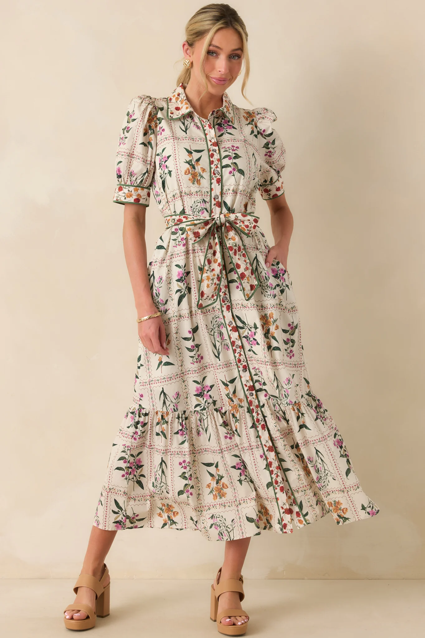 Look No Further Ivory Multi Floral Print Cotton Maxi Shirt Dress