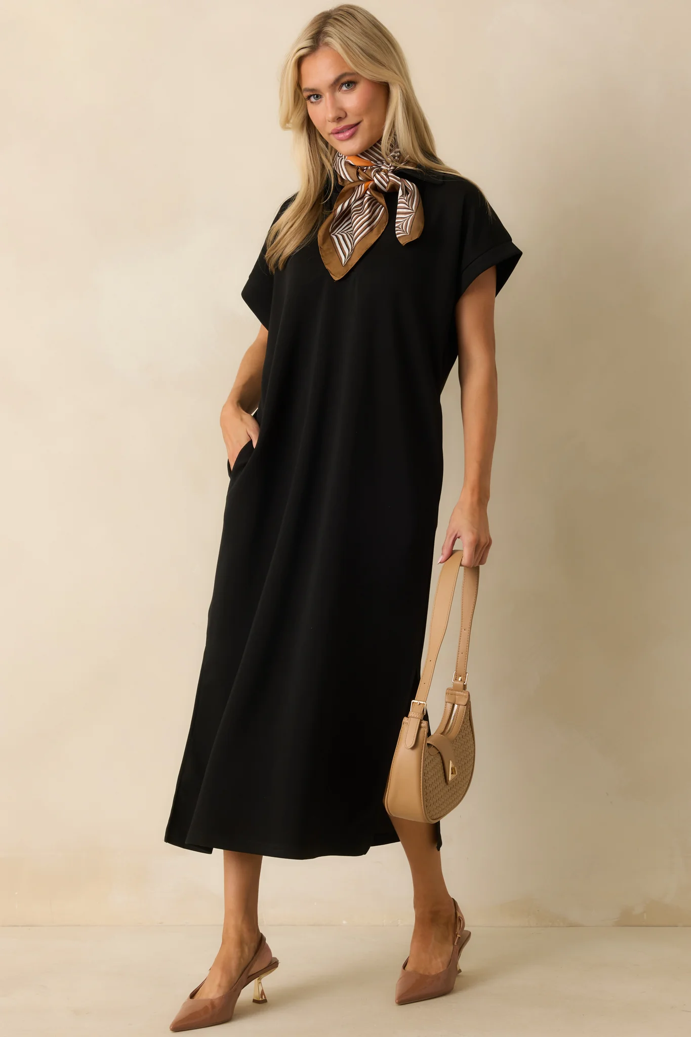 Made The Right Call Black Collared Midi T-Shirt Dress