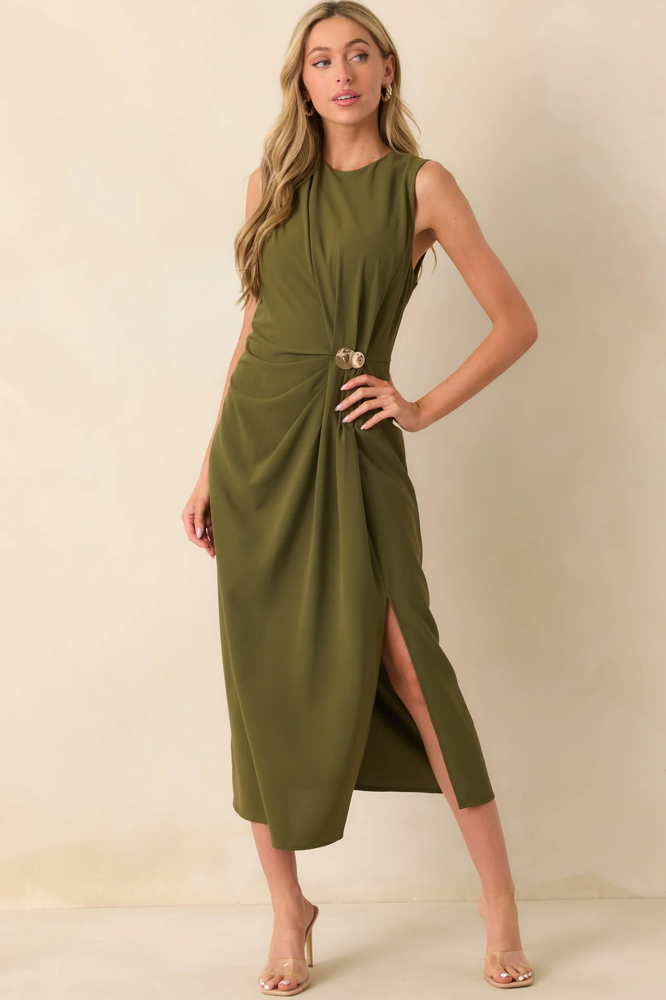 Move With Purpose Olive Green Ruched Maxi Dress