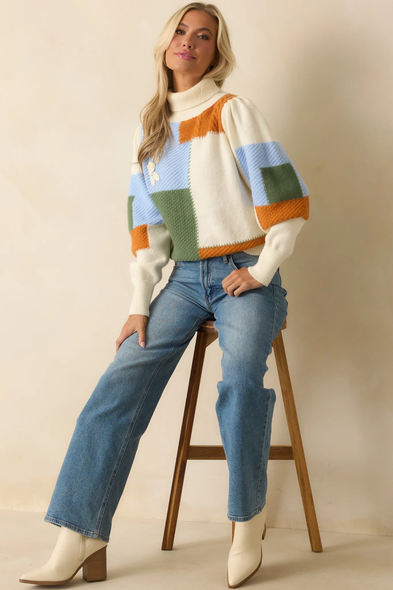 Ivory Multi Patchwork Turtleneck Sweater