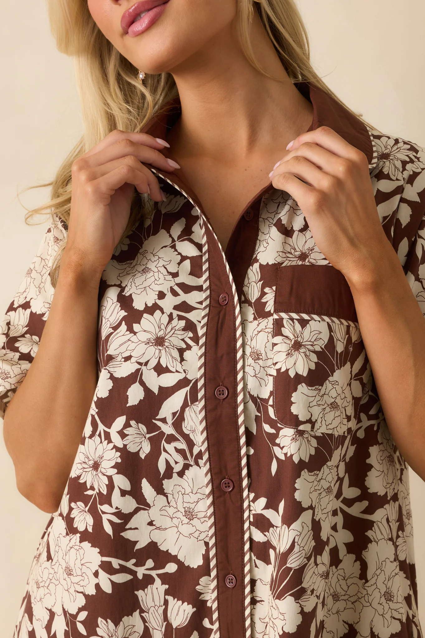 Right Where I Belong Brown Multi Floral Print Mini Shirt Dress