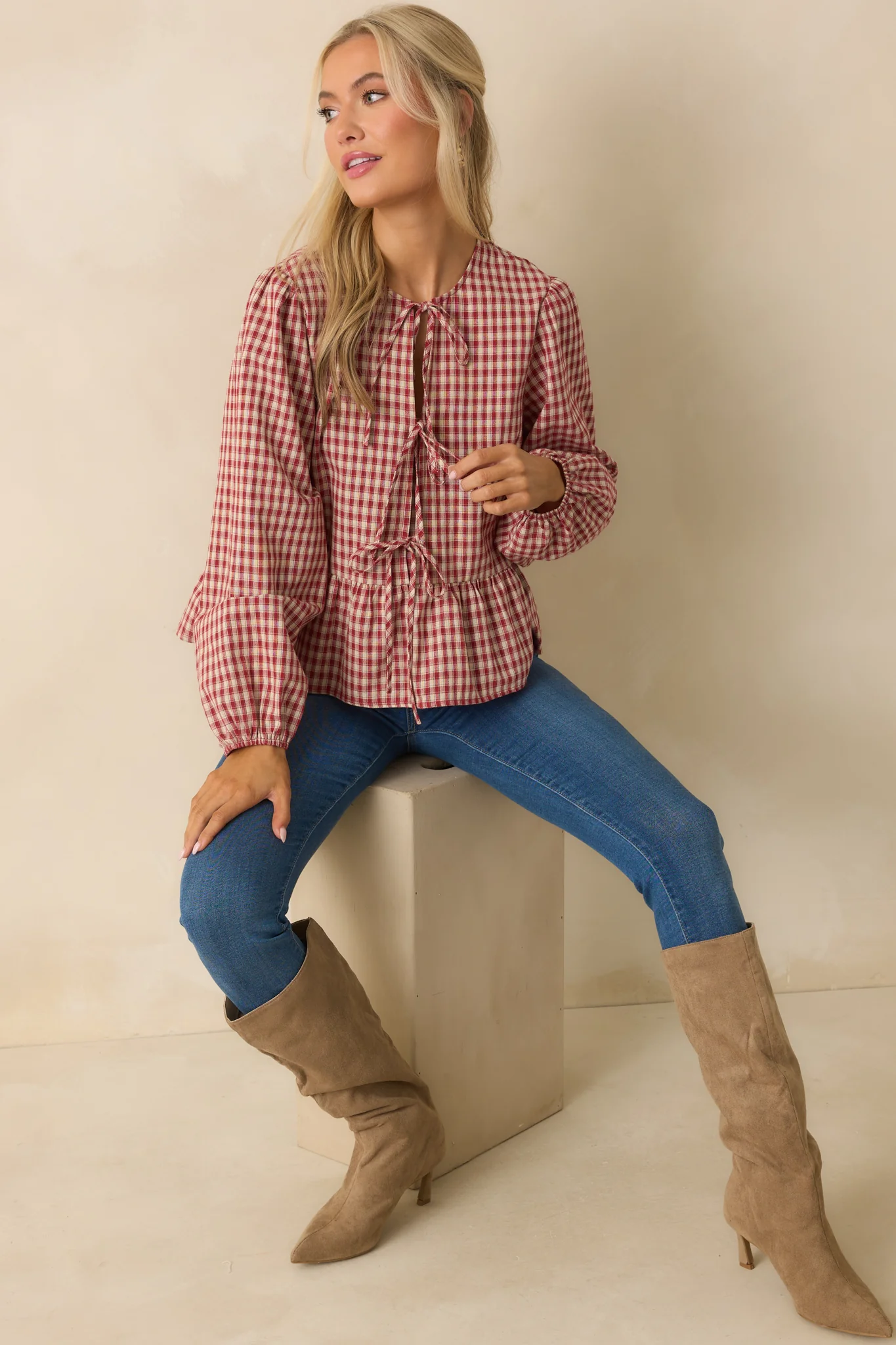 Her Own Thing Red Gingham Long Sleeve Bow Front Peplum Top