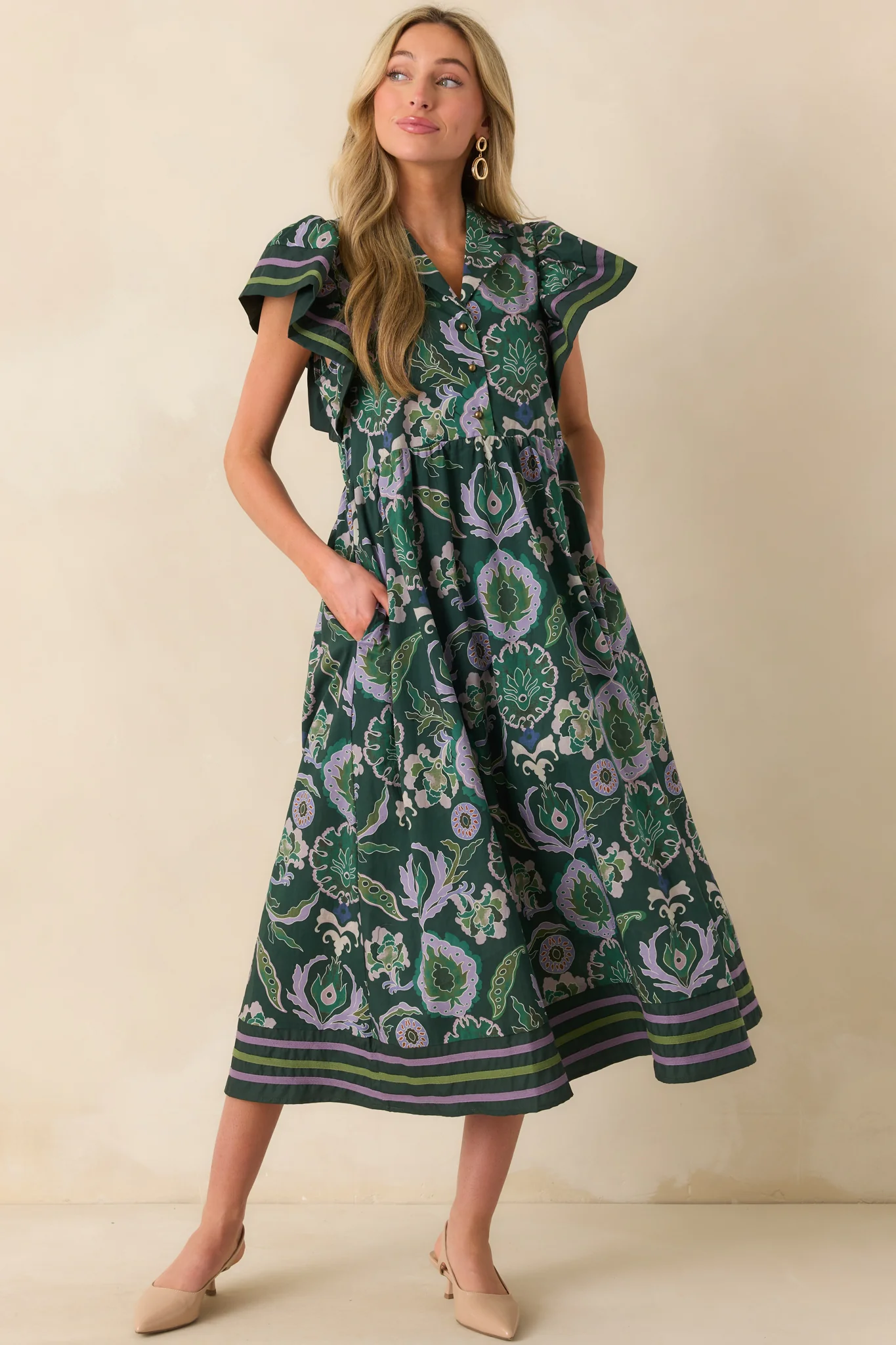Still Thinking About Her Green Multi Print Cotton Midi Dress