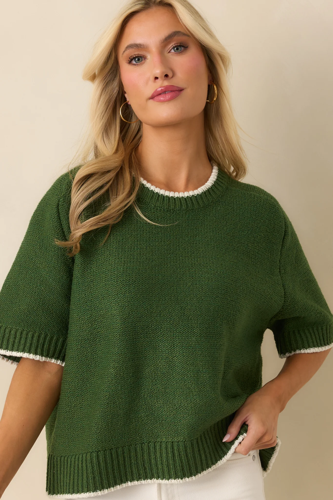 Never Looked Back Green Contrast Trim Short Sleeve Sweater