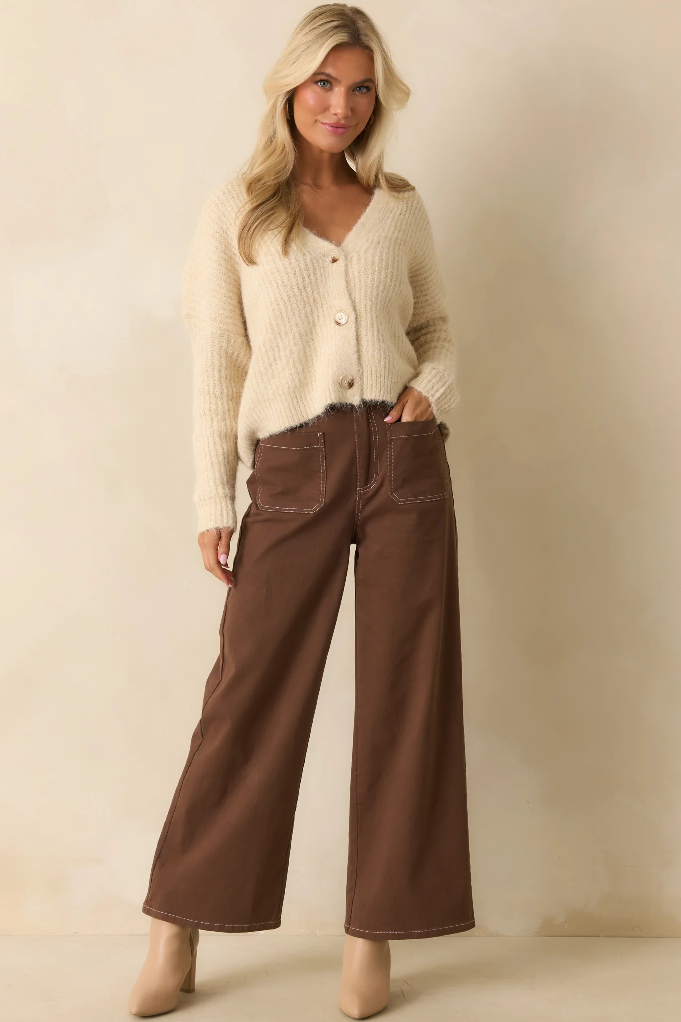 What Makes Sense Brown Cotton Contrast Stitch Wide Leg Pants