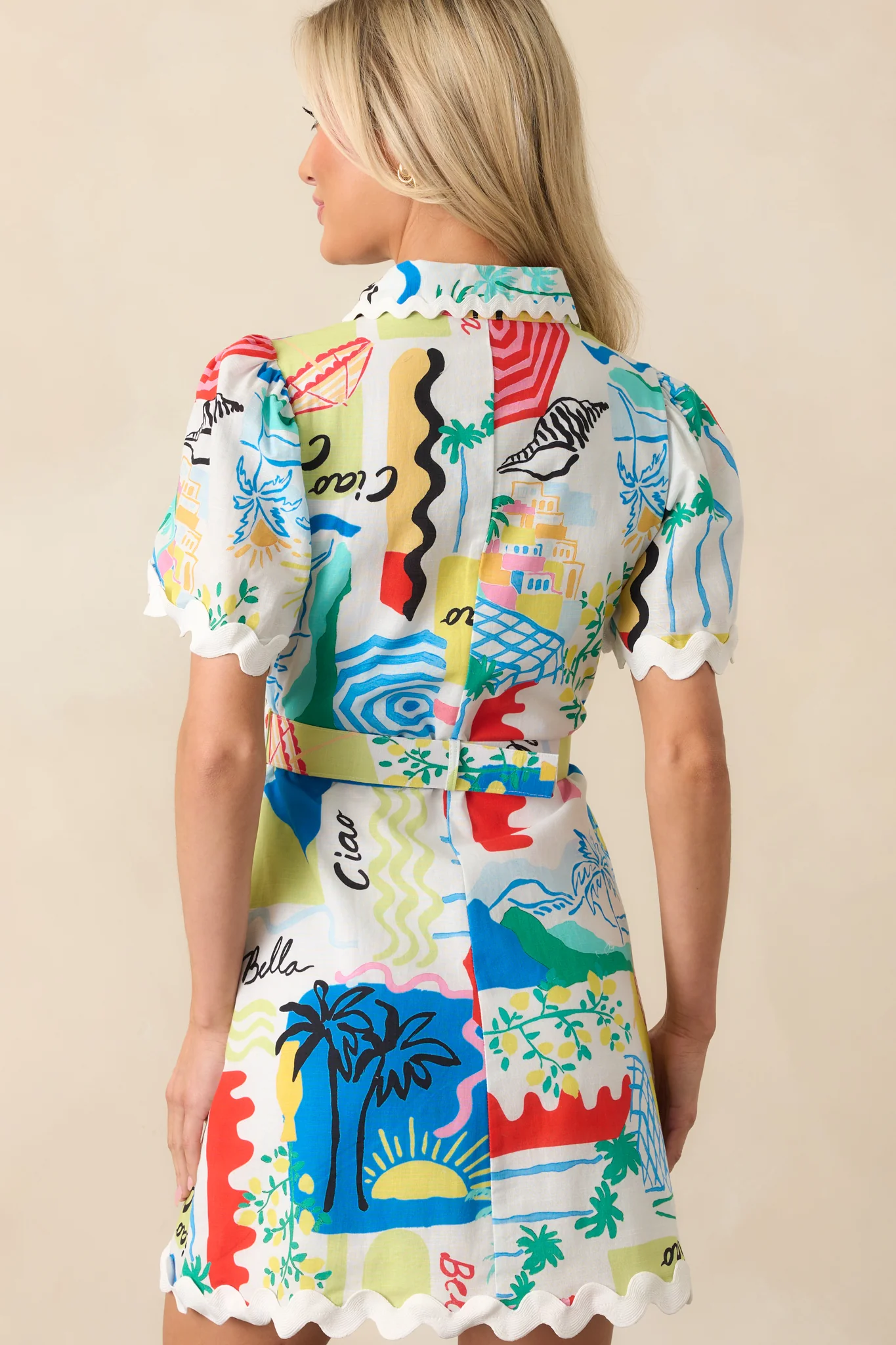 Prosperina Beatrice Multi Tropical Print Linen Belted Mini Dress