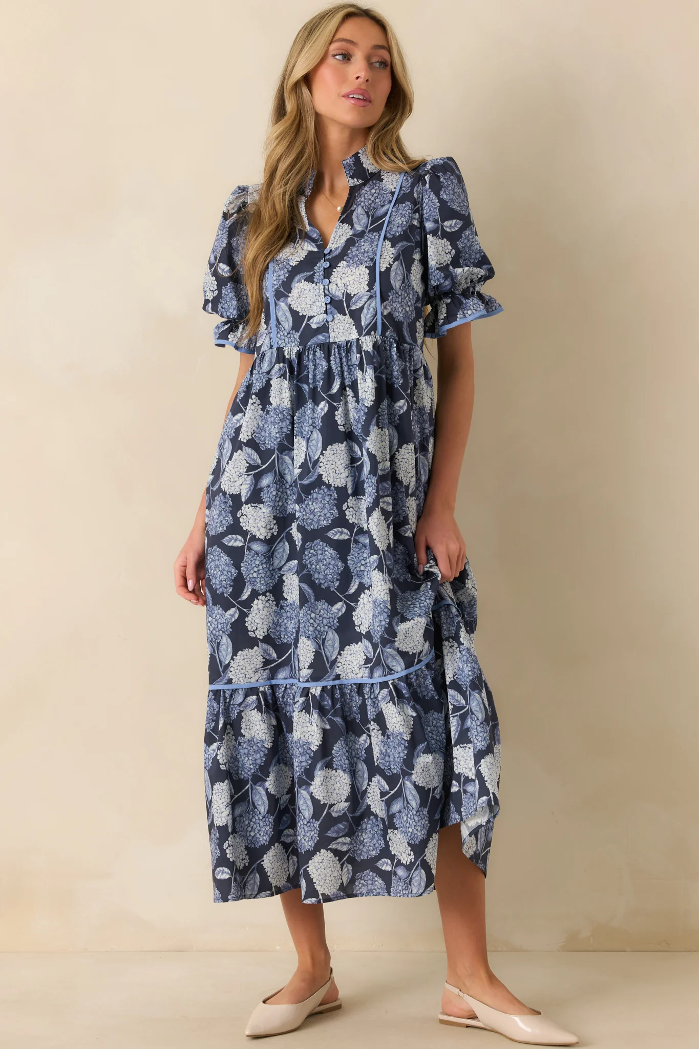 Setting The Pace Blue Hydrangea Floral Print Cotton Maxi Dress