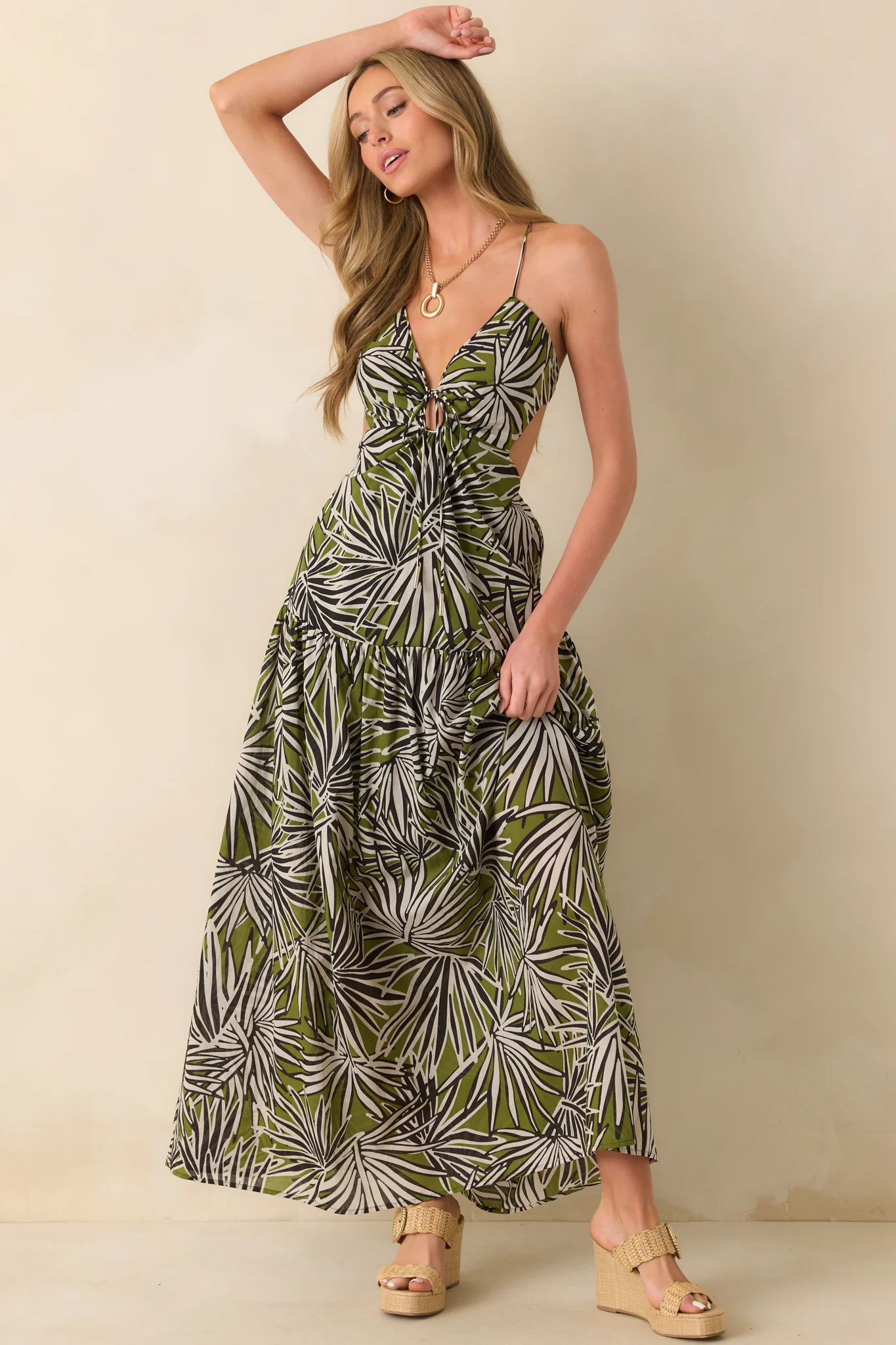 Not In A Hurry Olive Green Tropical Print Cotton Cutout Maxi Dress