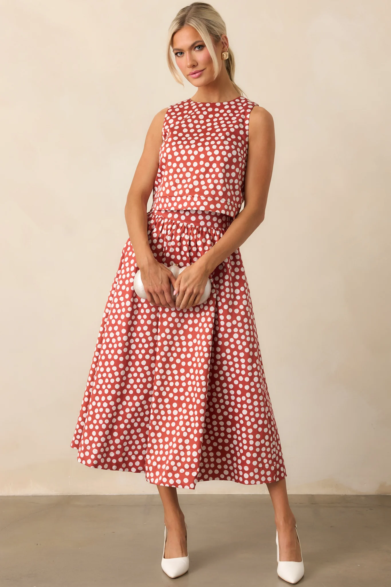 Prosperina Simone Brick Red Polka Dot Cotton Top