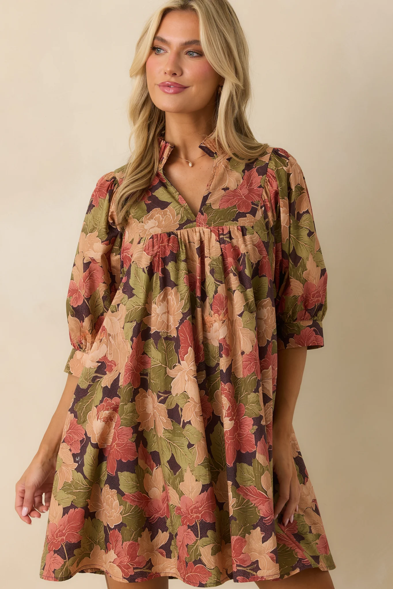 Under The Willow Brown Multi Floral Print Cotton Mini Dress