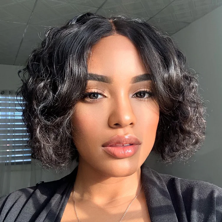 Casual Bouncy Curly 4x4 Closure Lace Glueless Short Wig with Bangs 100% Human Hair - US Only