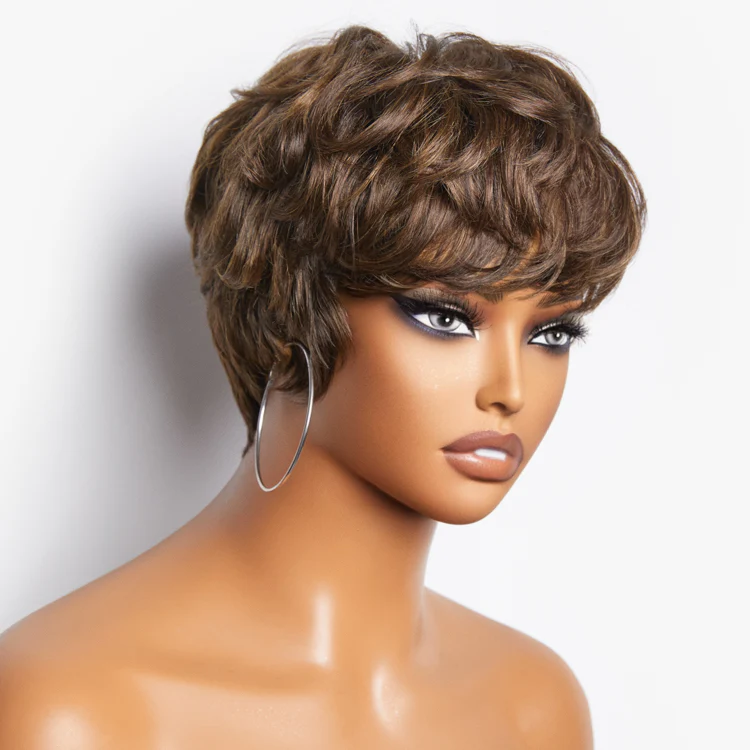 Pixie Cut Blonde Highlight No Lace Glueless Short Wig with Bangs Ready to Go  - US Only